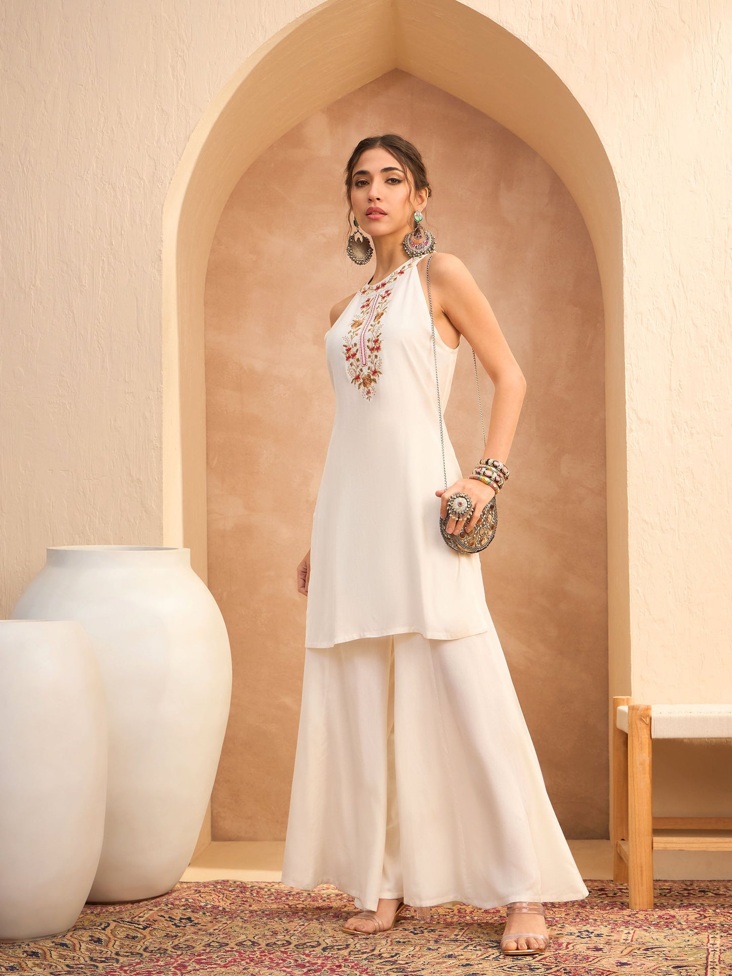 White Embroidered Halter Kurta With Palazzo Pants-Shae by SASSAFRAS