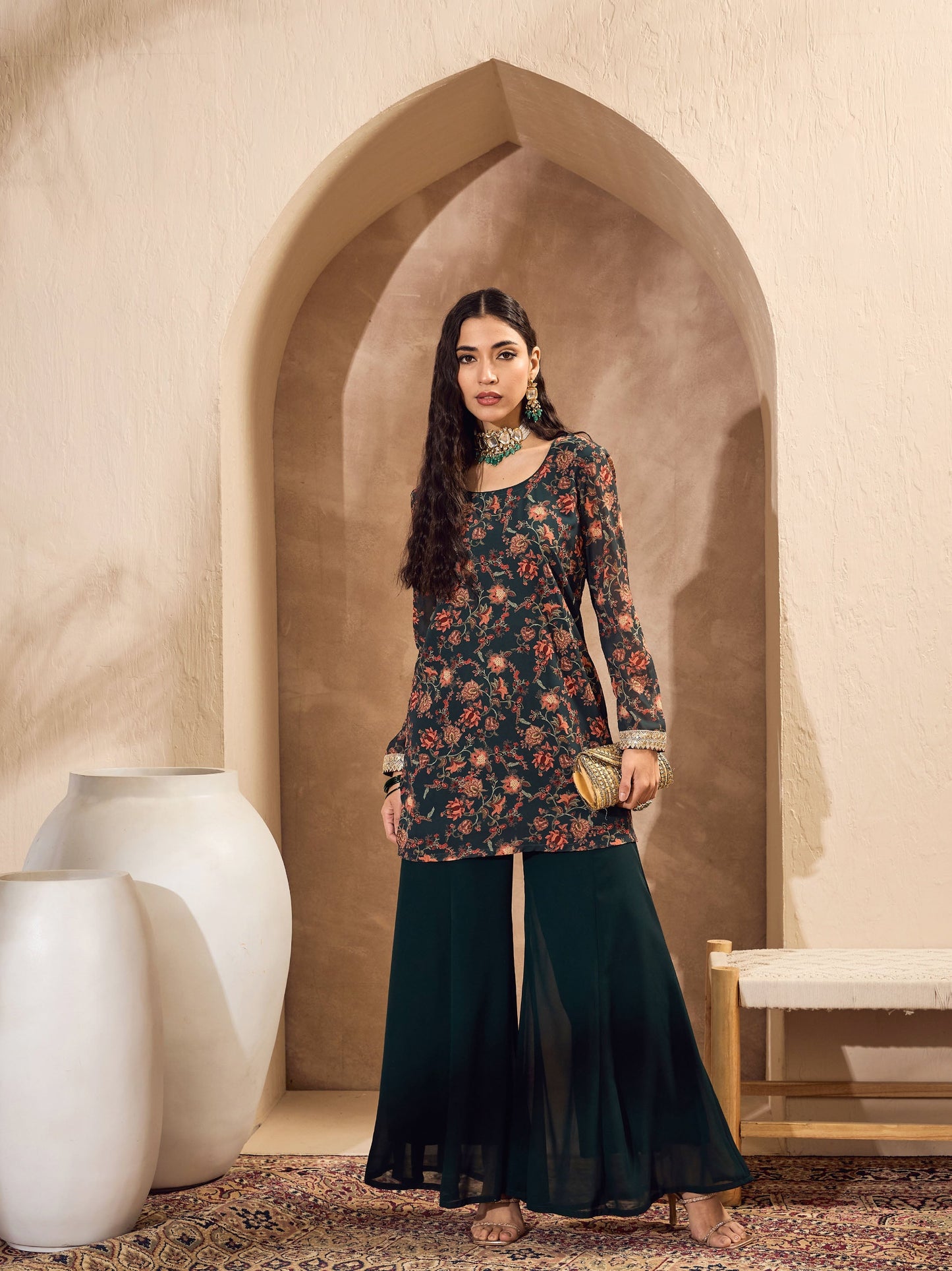 Green Floral Short Kurta With Palazzos