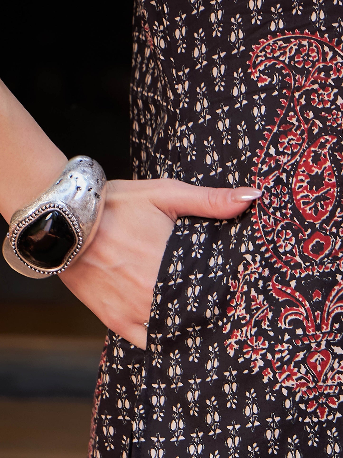 Black Floral Front Yoke Kurta With Pencil Pants & Dupatta-Shae by SASSAFRAS