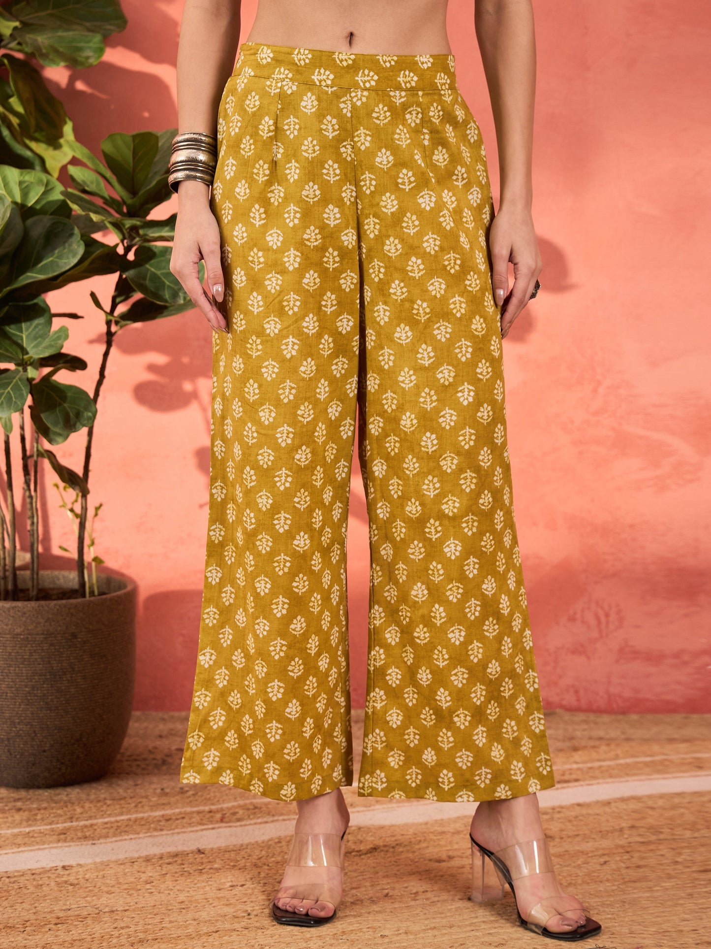 Yellow Floral Front Dori Gathered Kurta With Pencil Pants & Dupatta