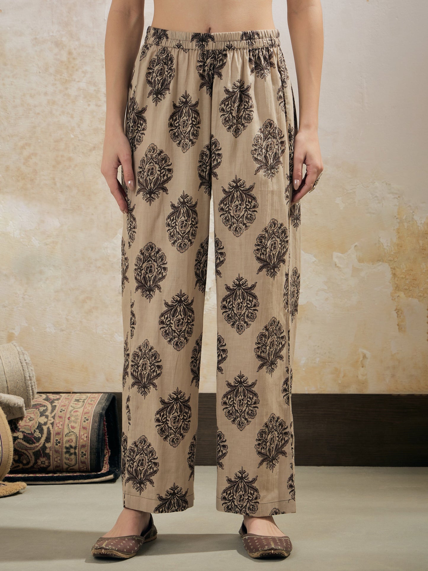 Women Beige Floral Anarkali Kurta With Pencil Pant & Dupatta