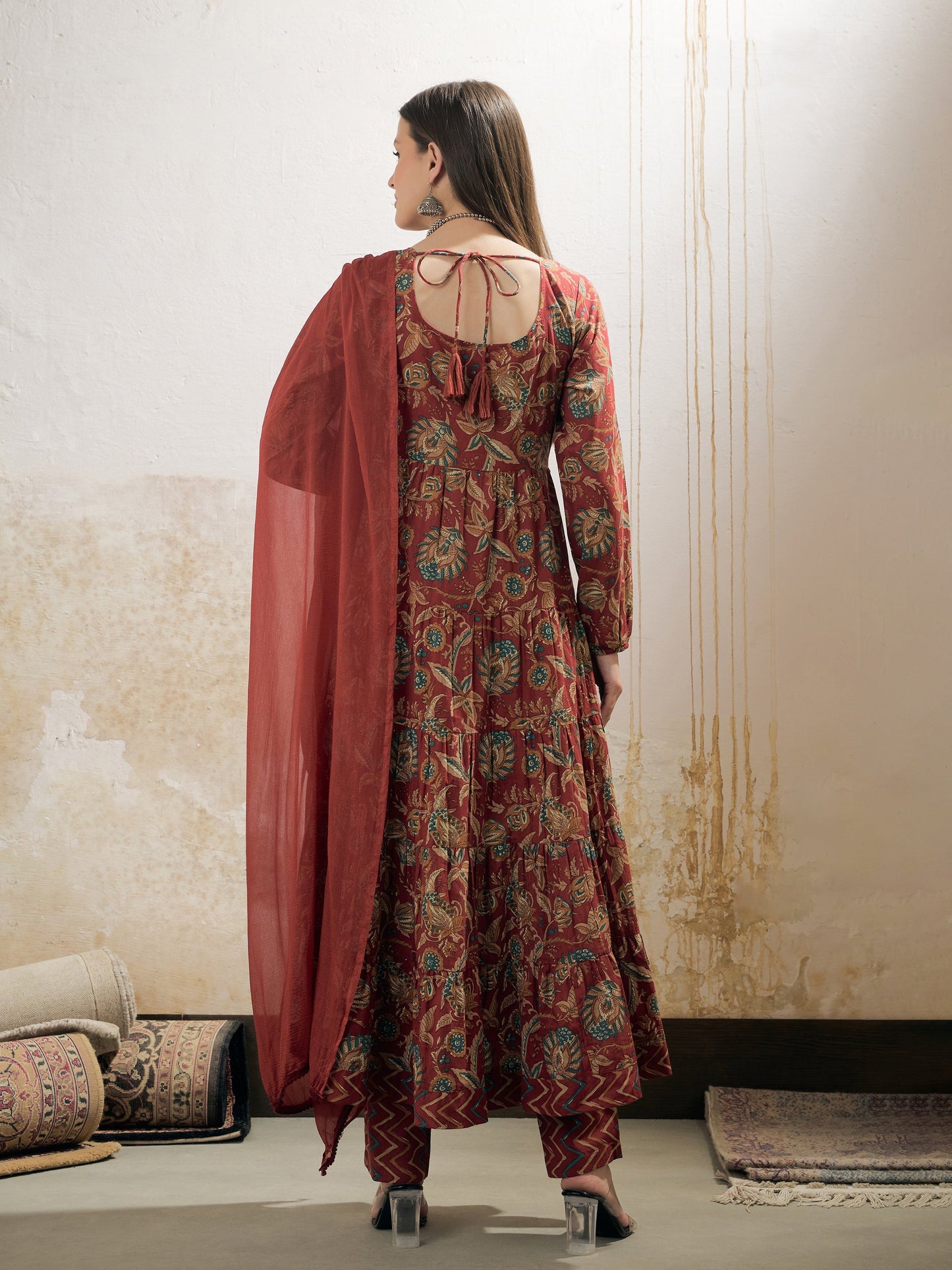 Maroon Floral Tiered Kurta With Pencil Pant & Dupatta-Shae by SASSAFRAS