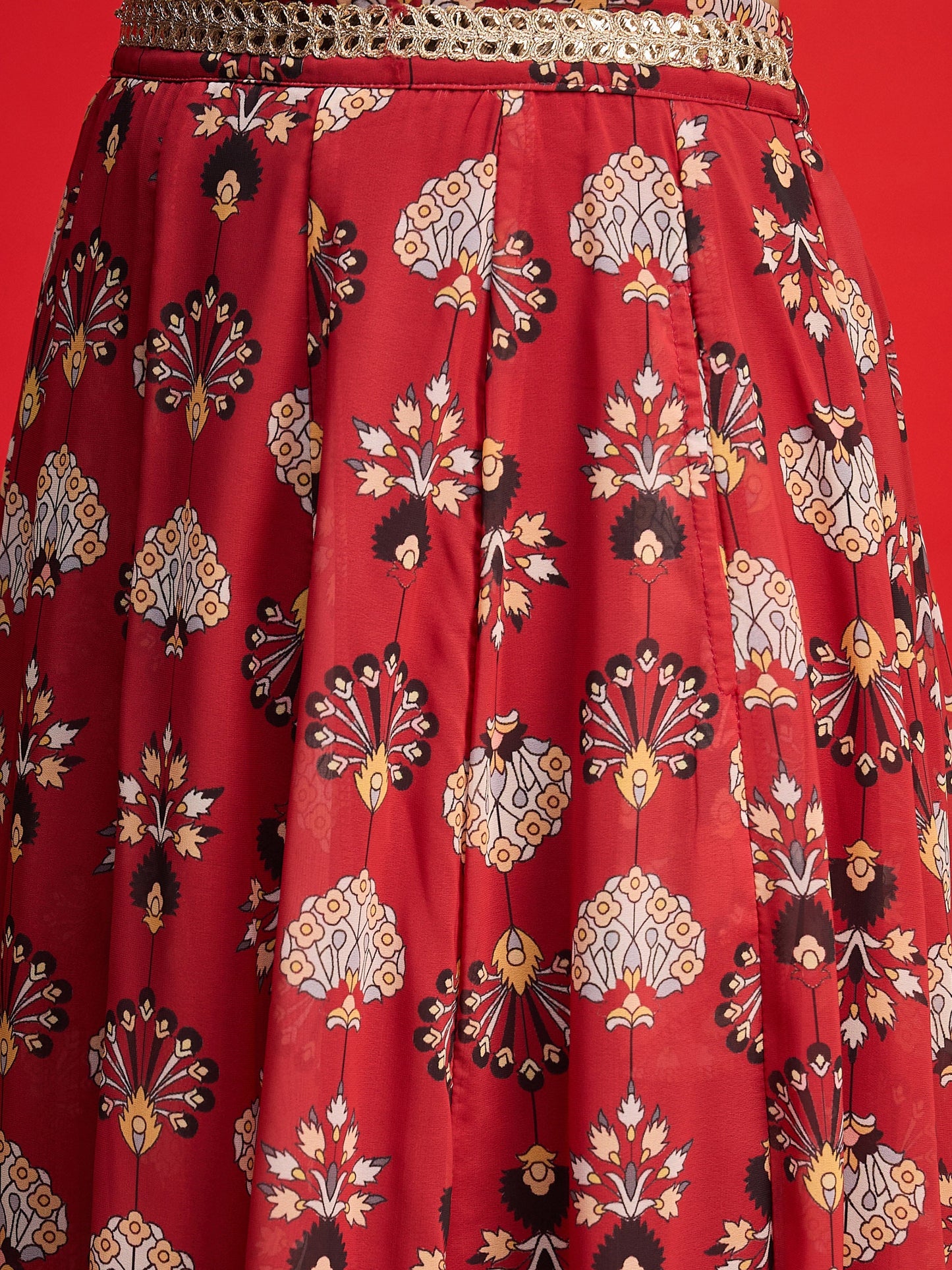 Women Maroon Floral Rouching Crop Top With Anarkali Skirt