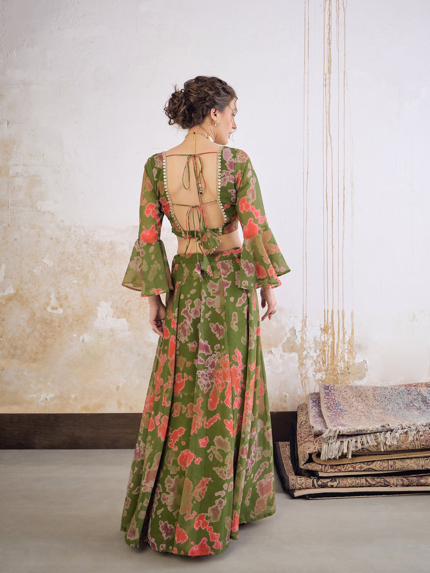 Green Tie & dye Crop Top With Anarkali Skirt