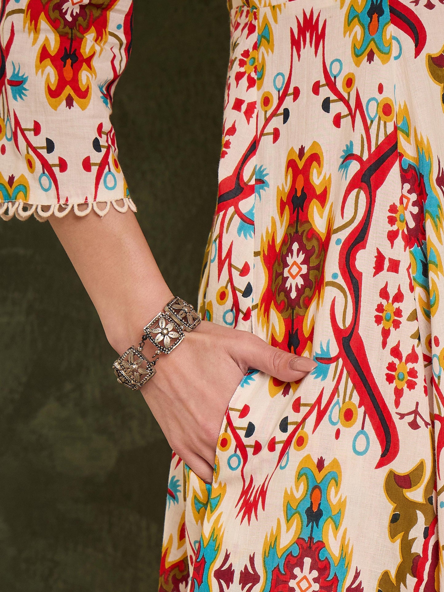 Women Red Multi Ikat Front Button Kurta With Pants