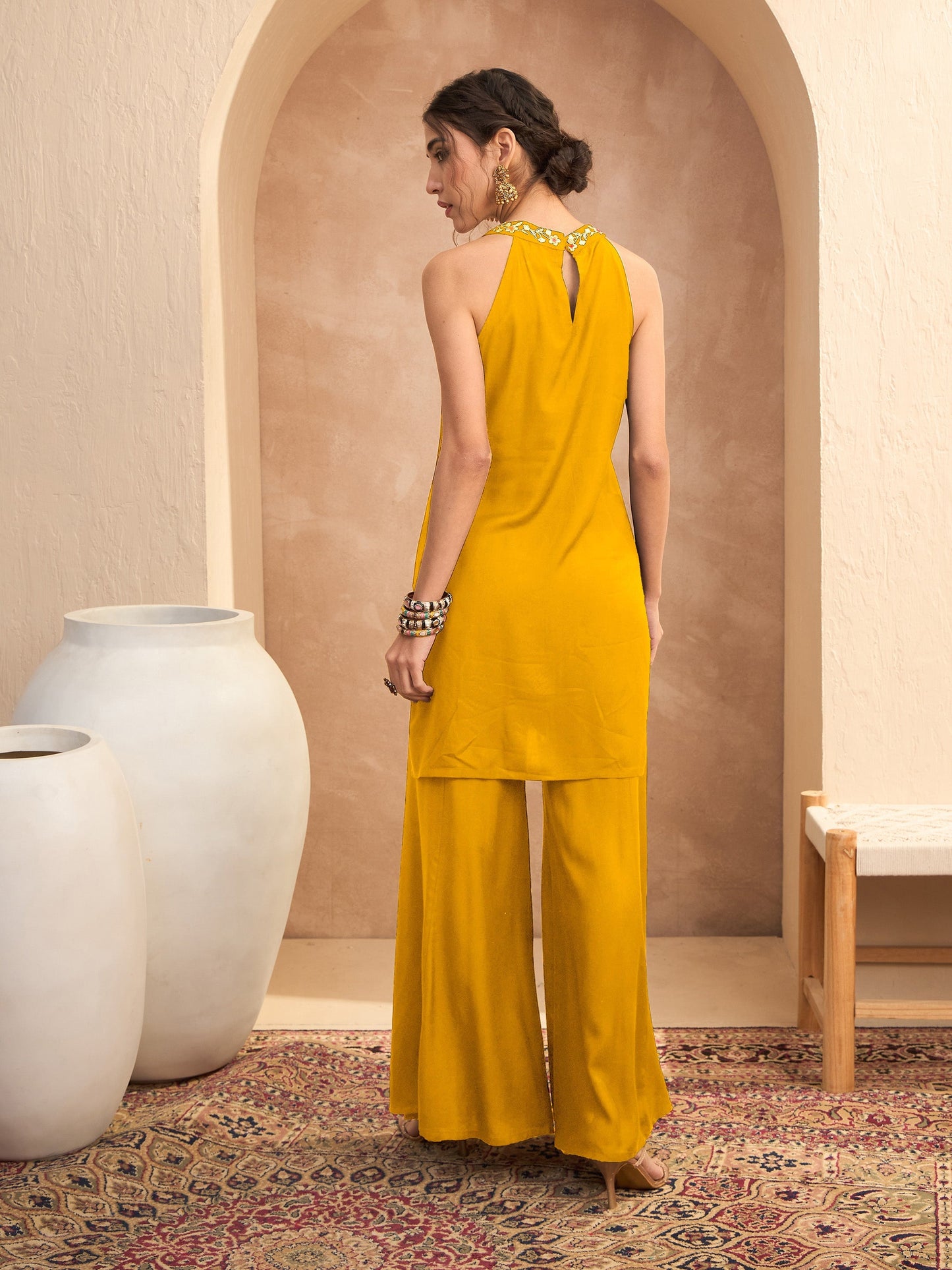 Women Mustard Embroidered Halter Kurta With Palazzos