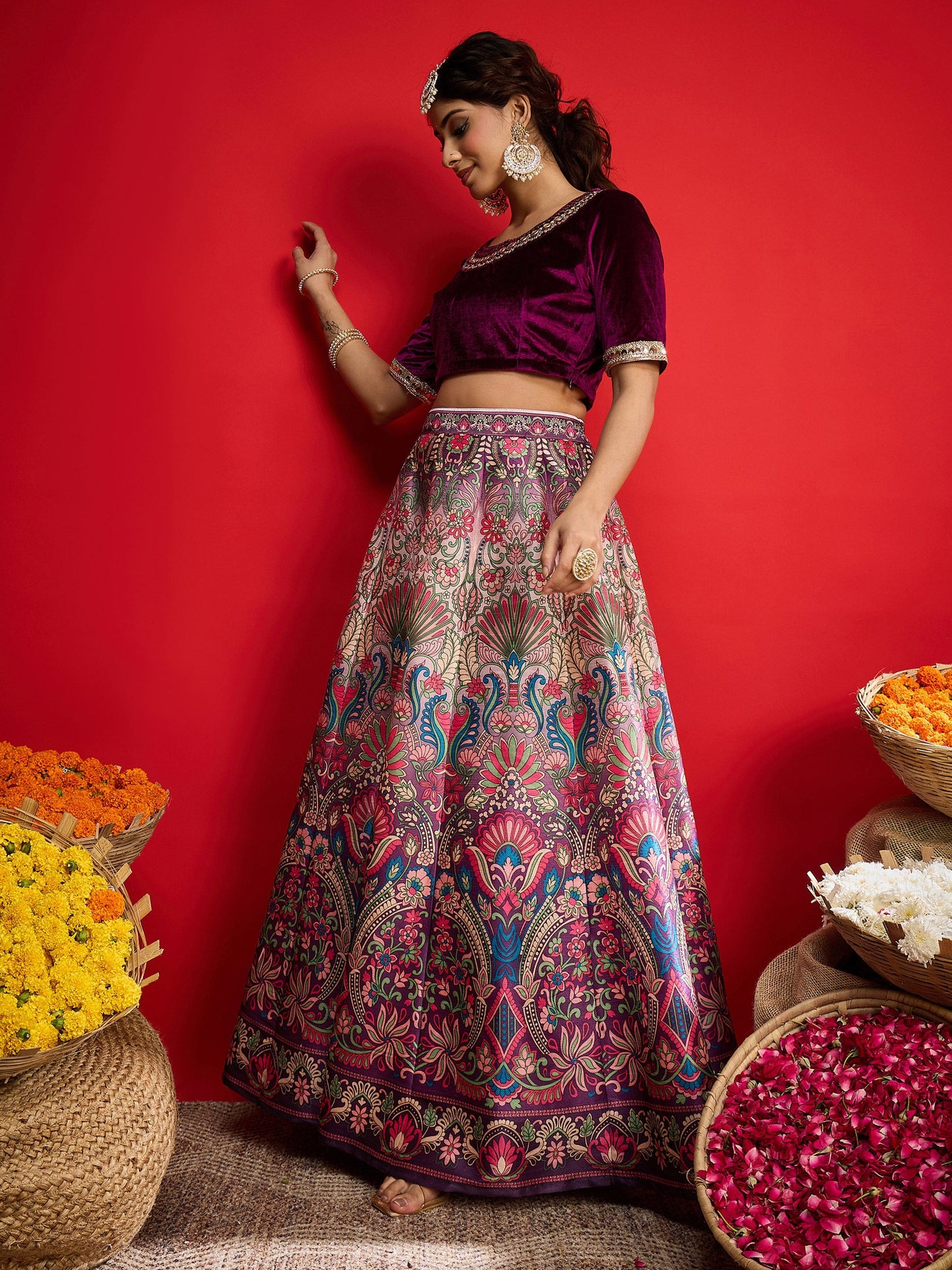 Women Purple Velvet Top With Anarkali Skirt