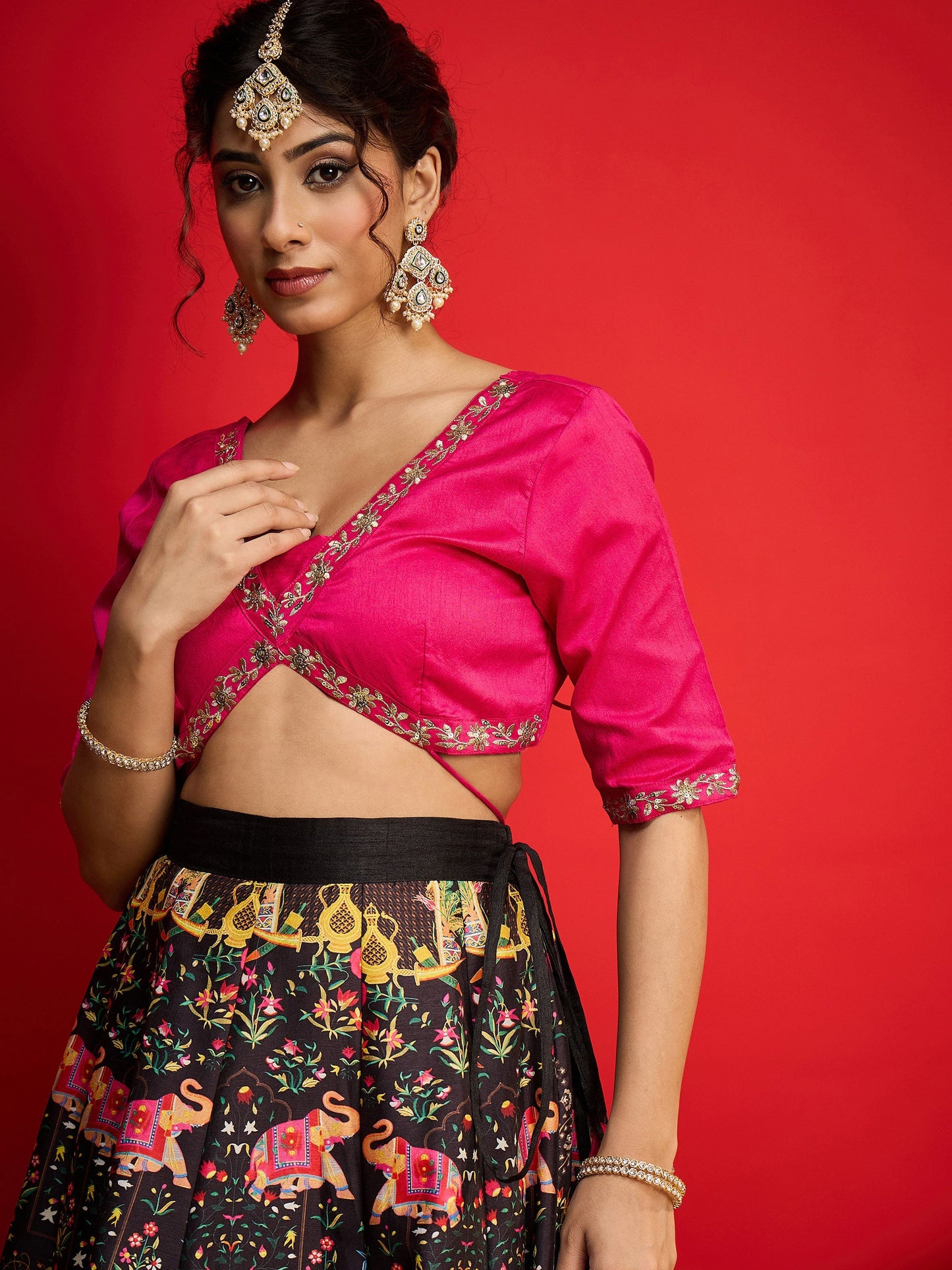 Women Fuchsia Poly Silk Crop Top With Anarkali Skirt