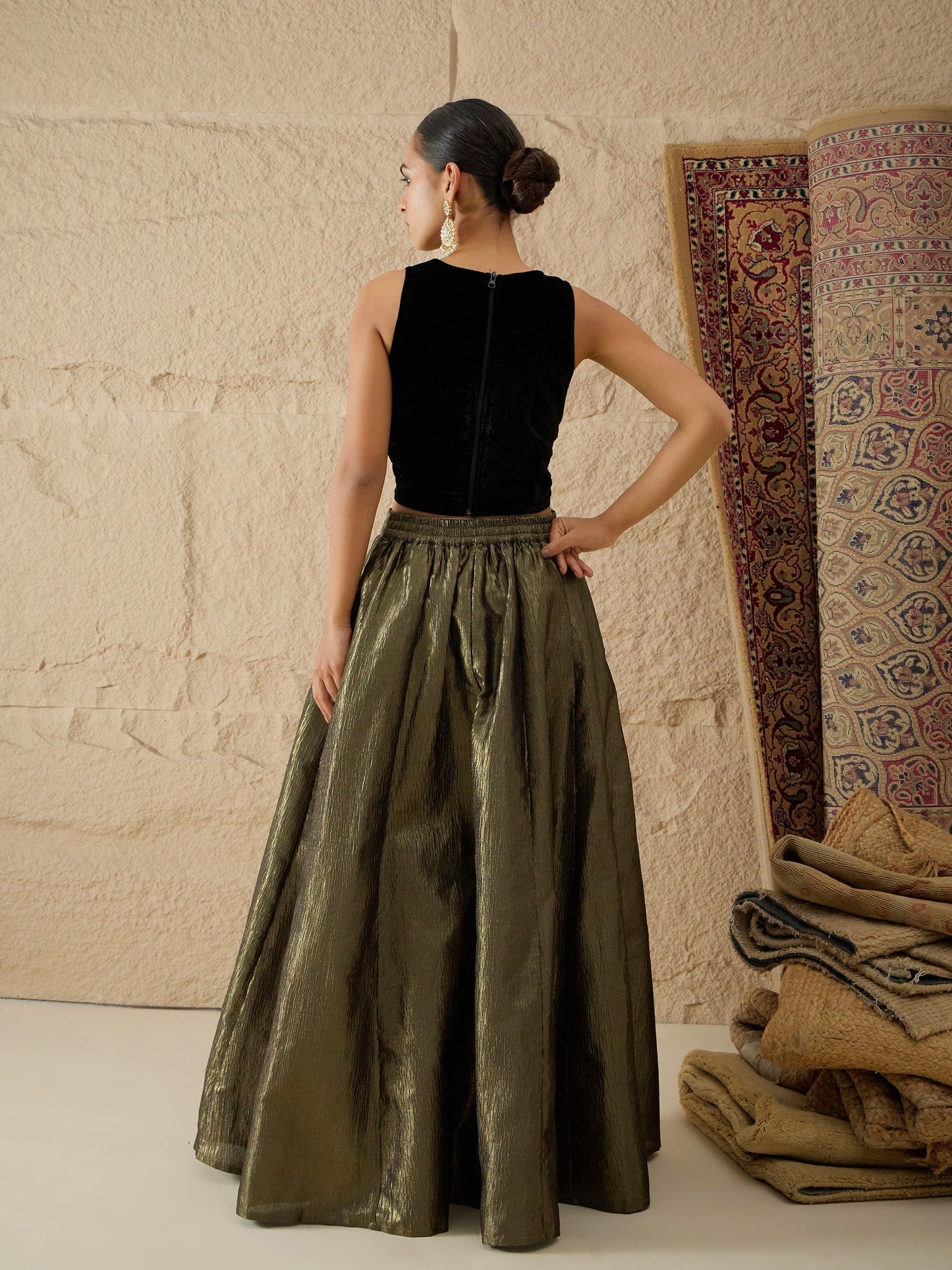 Women Black Velvet Top With Crinkled Anarkali Skirt