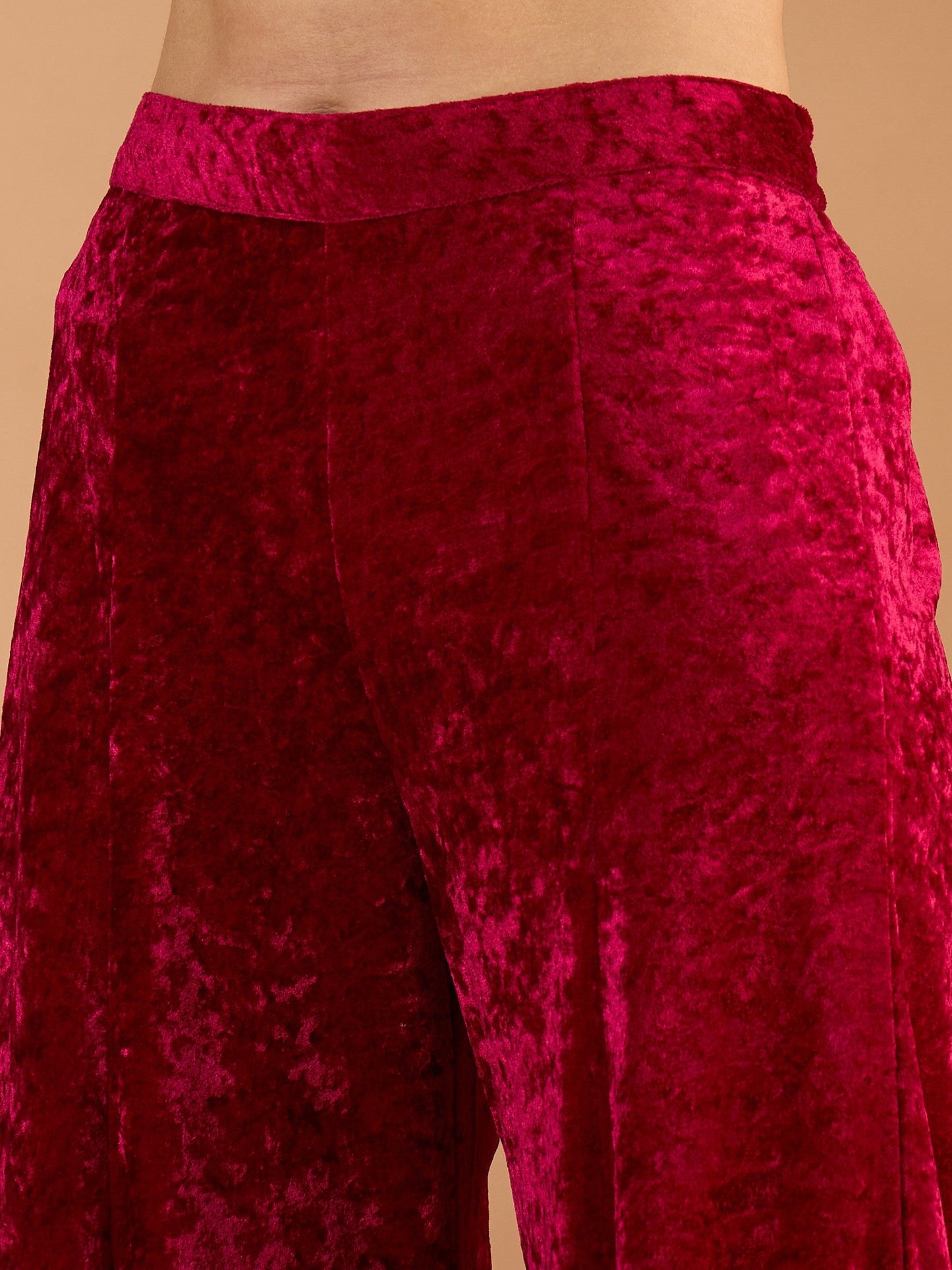 Women Fuchsia Velvet Embroidered Short Kurta With Palazzos