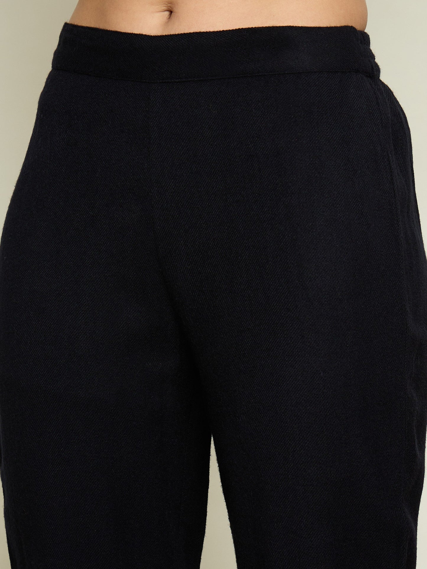 Women Black Woollen Embroidered Round Neck Short Kurta With Pencil Pants