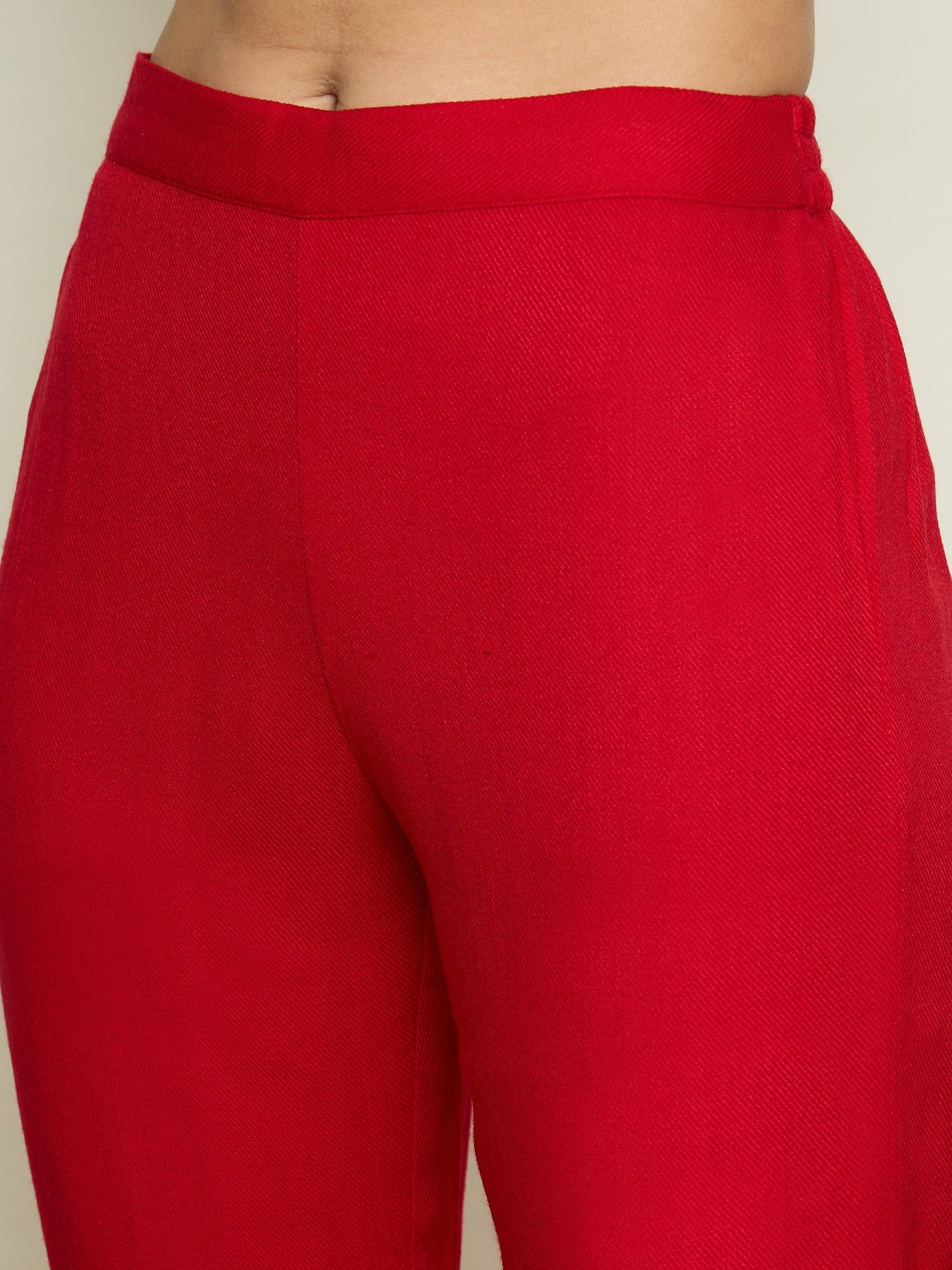 Women Red Woollen Embroidered Round Neck Short Kurta With Pencil Pants