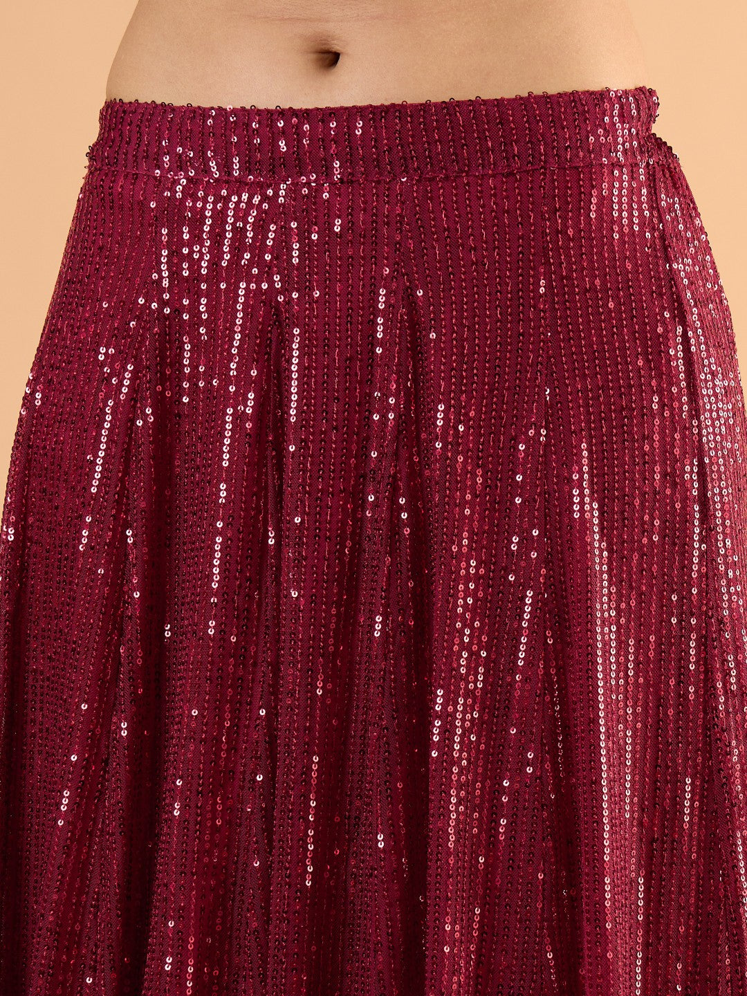 Women Maroon Sequence Sleeveless Crop Top With Anarkali Skirt