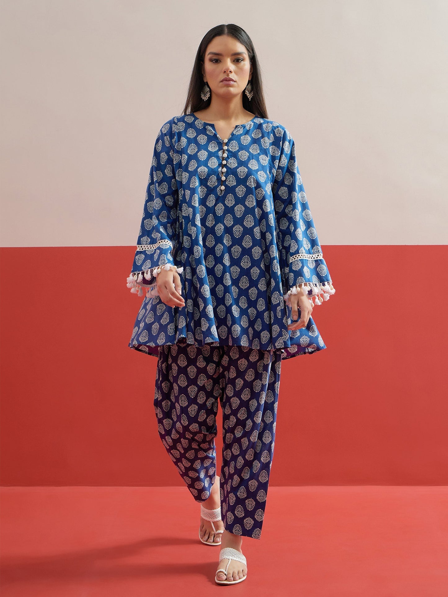 Women Blue Floral Choga Kurta With Pharsi Salwar