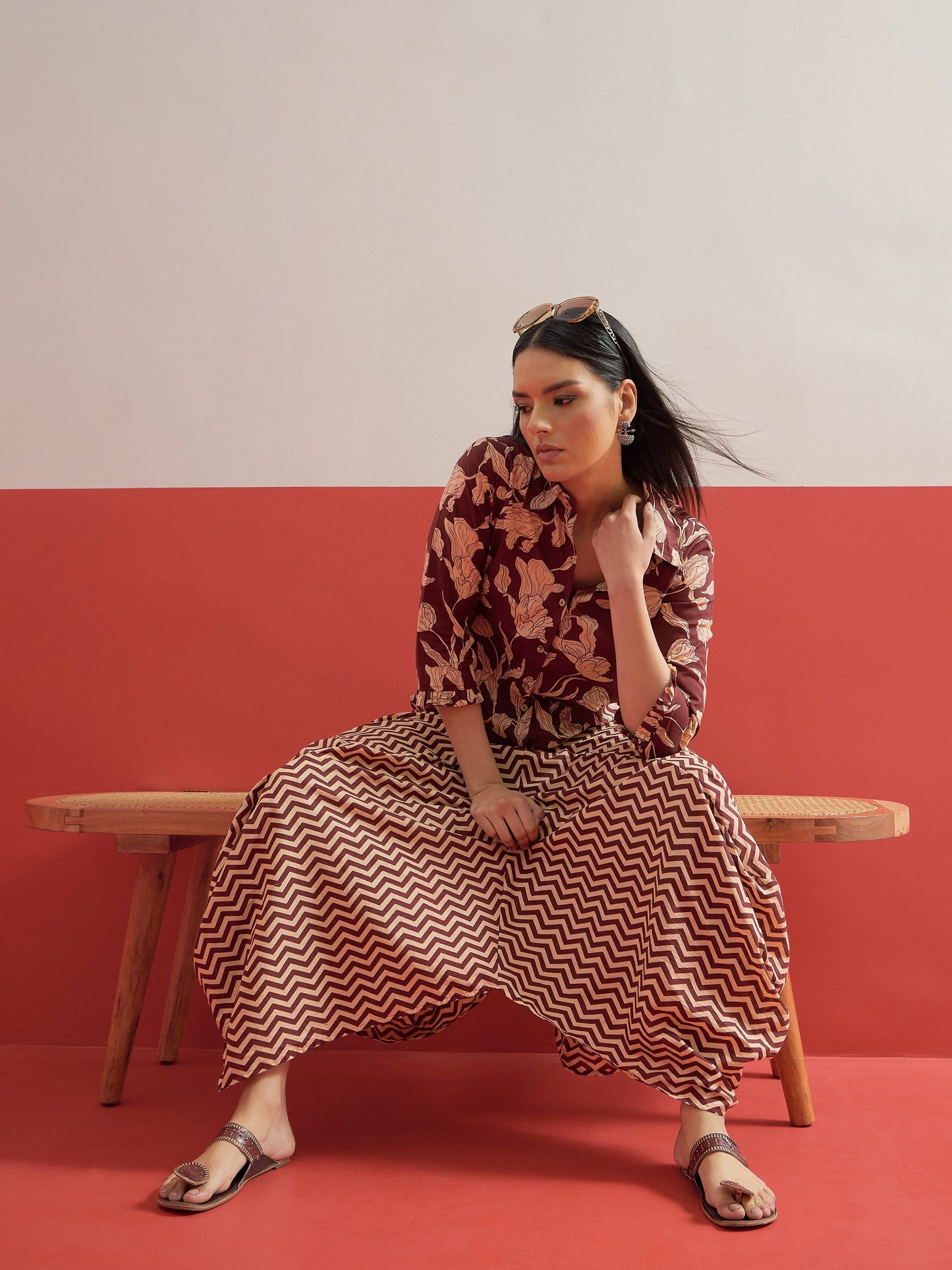 Women Brown Floral Button Down Top With Dhoti Skirt
