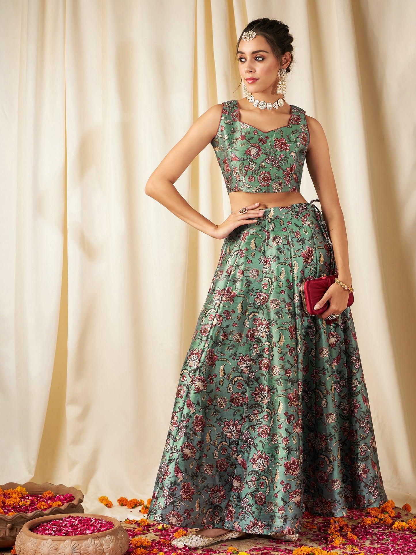 Olive PolySilk Floral Anarkali Skirt
