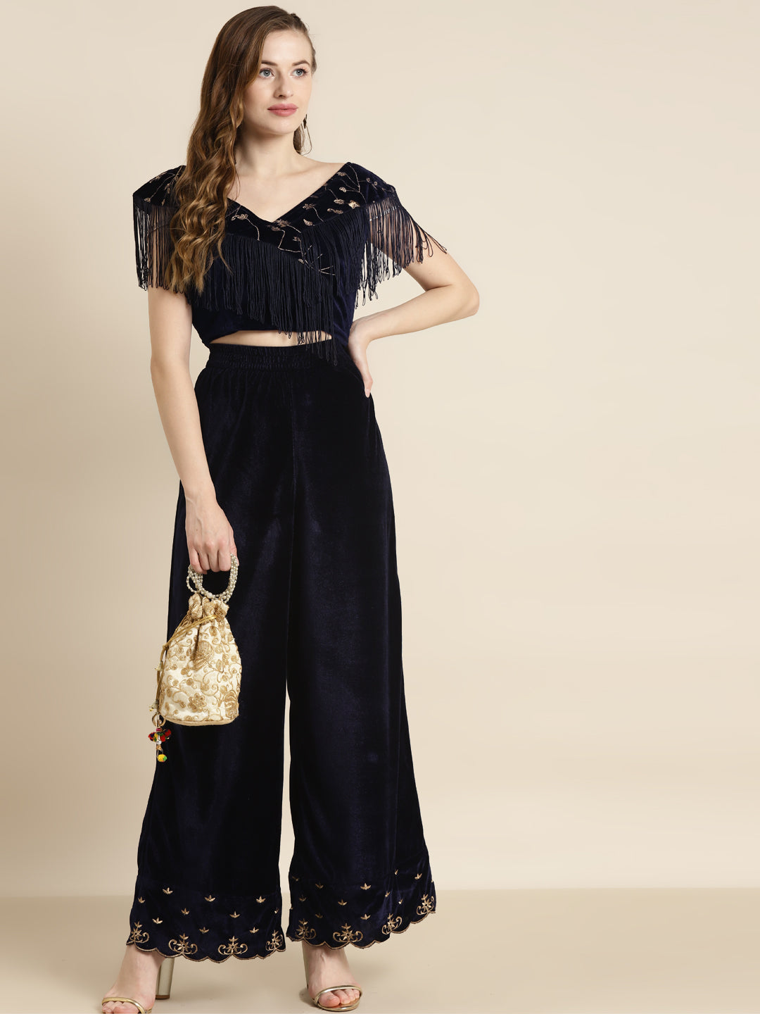 Navy Embroidered Fringe Lace Velvet Crop Top