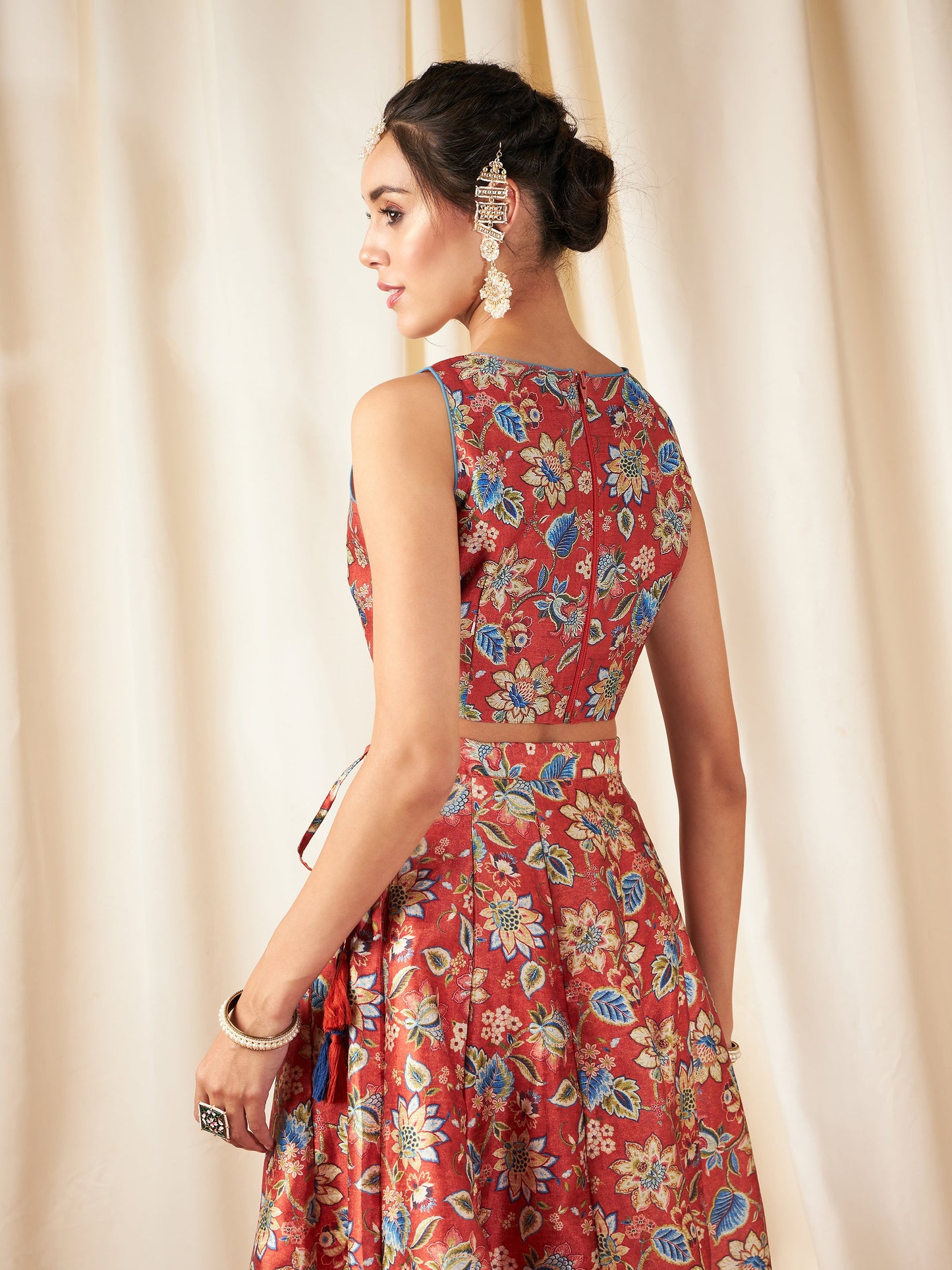 Orange Floral Sweetheart Neck Crop Top