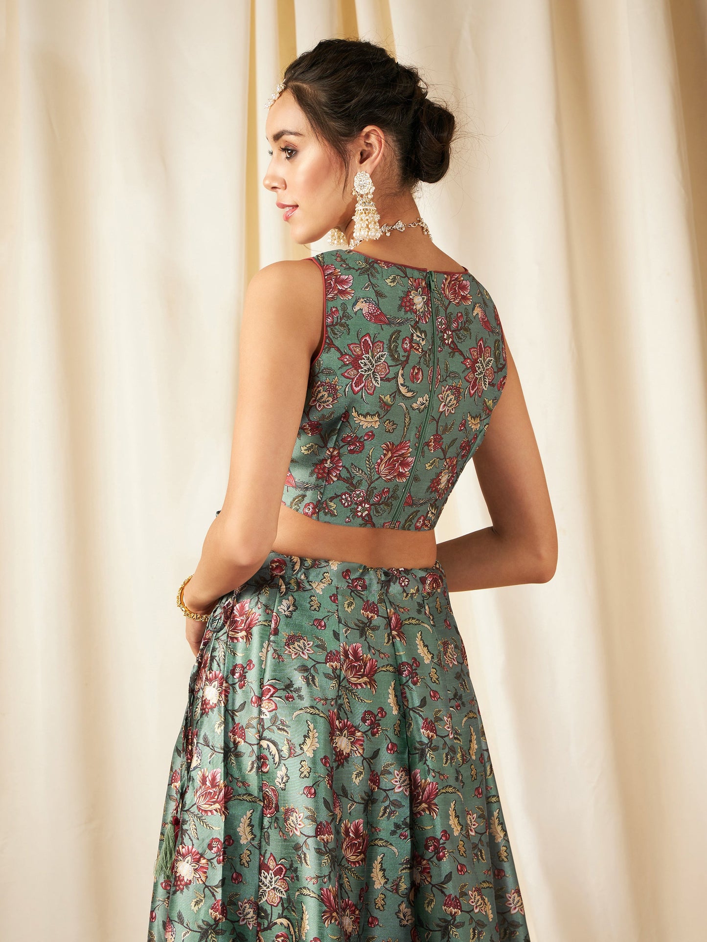 Olive Floral Sweetheart Neck Crop Top