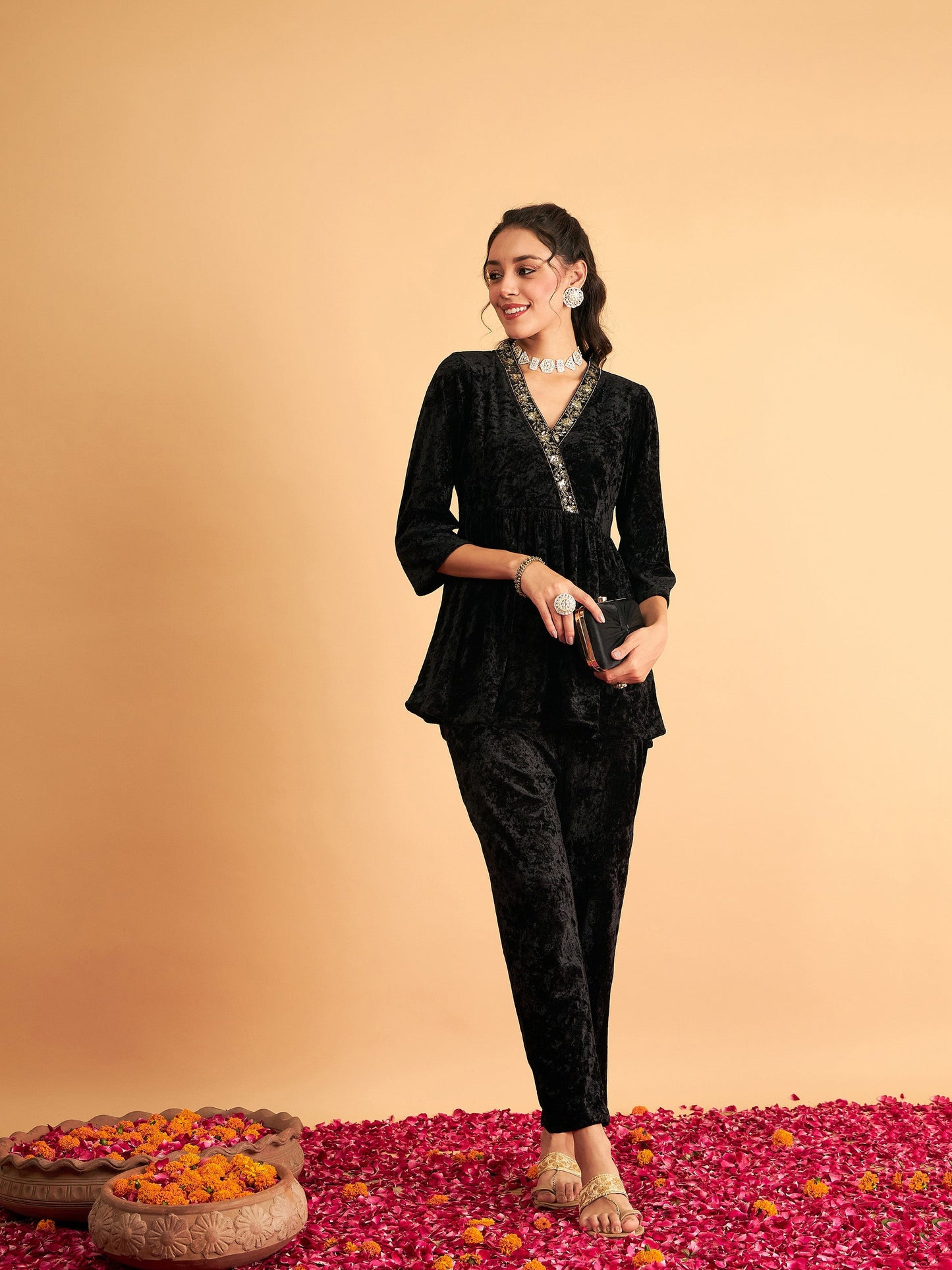 Black Velvet Embroidered Peplum Top