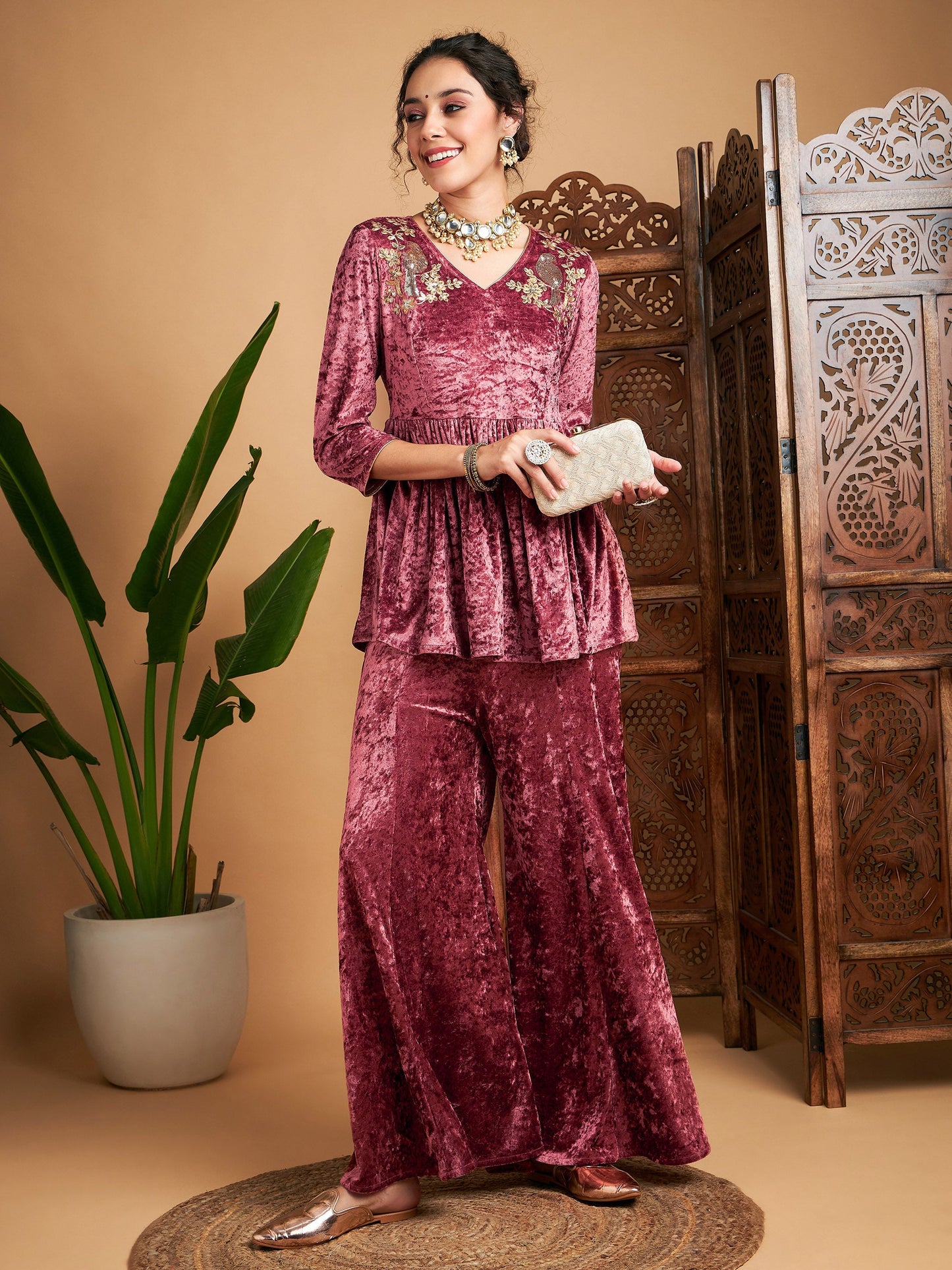 Pink Velvet Embroidered Peplum Top-Shae by SASSAFRAS