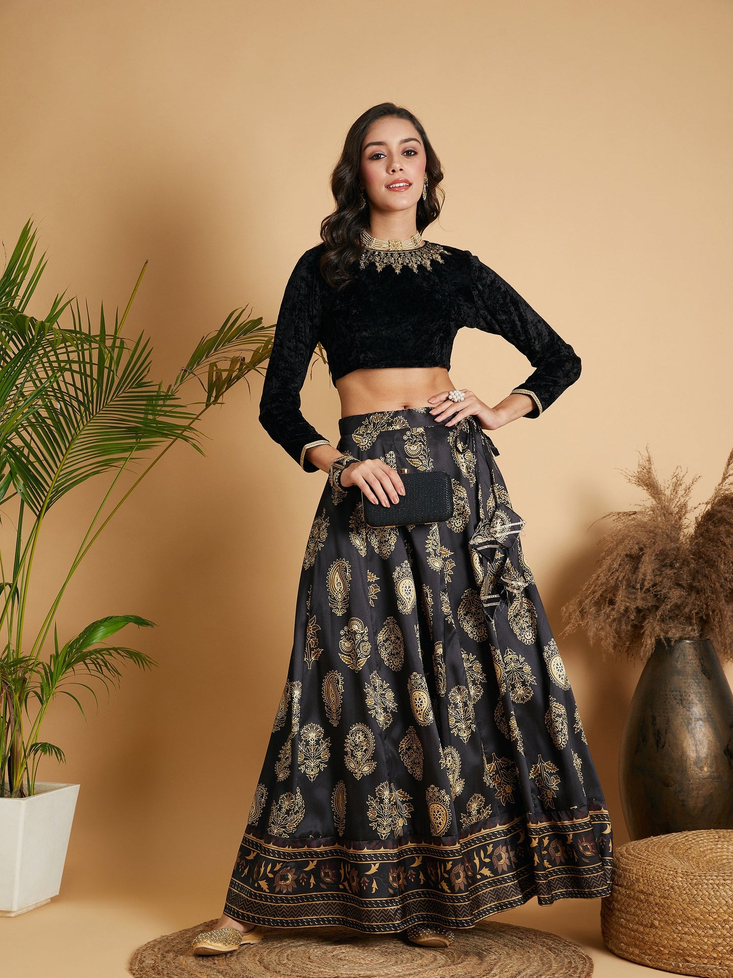 Black Velvet Embroidered Full Sleeves Crop Top-Shae by SASSAFRAS