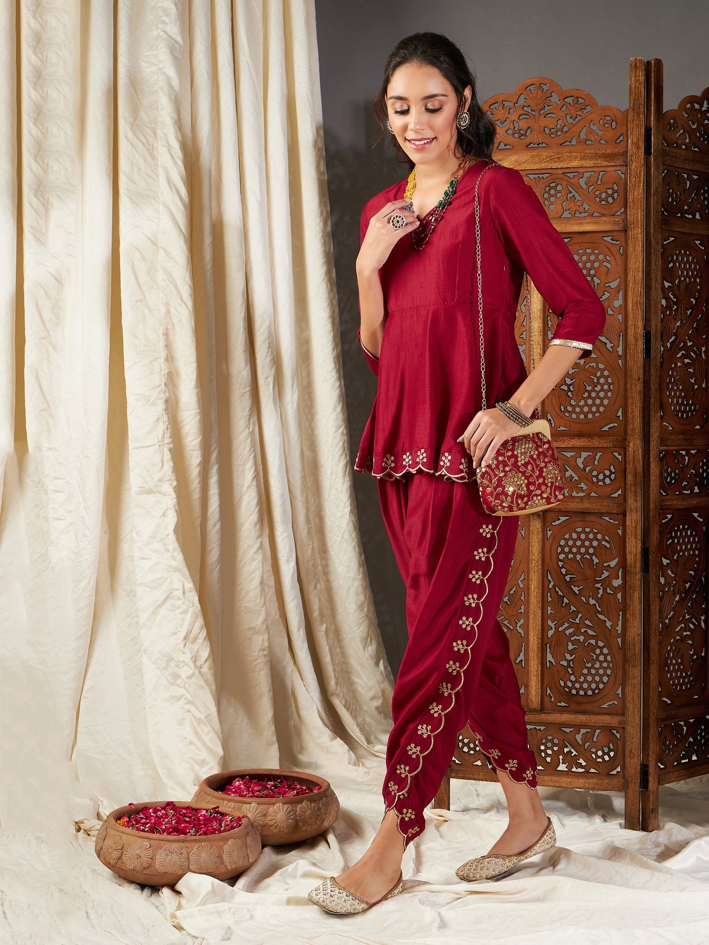 Maroon Zari Embroidered Peplum Top