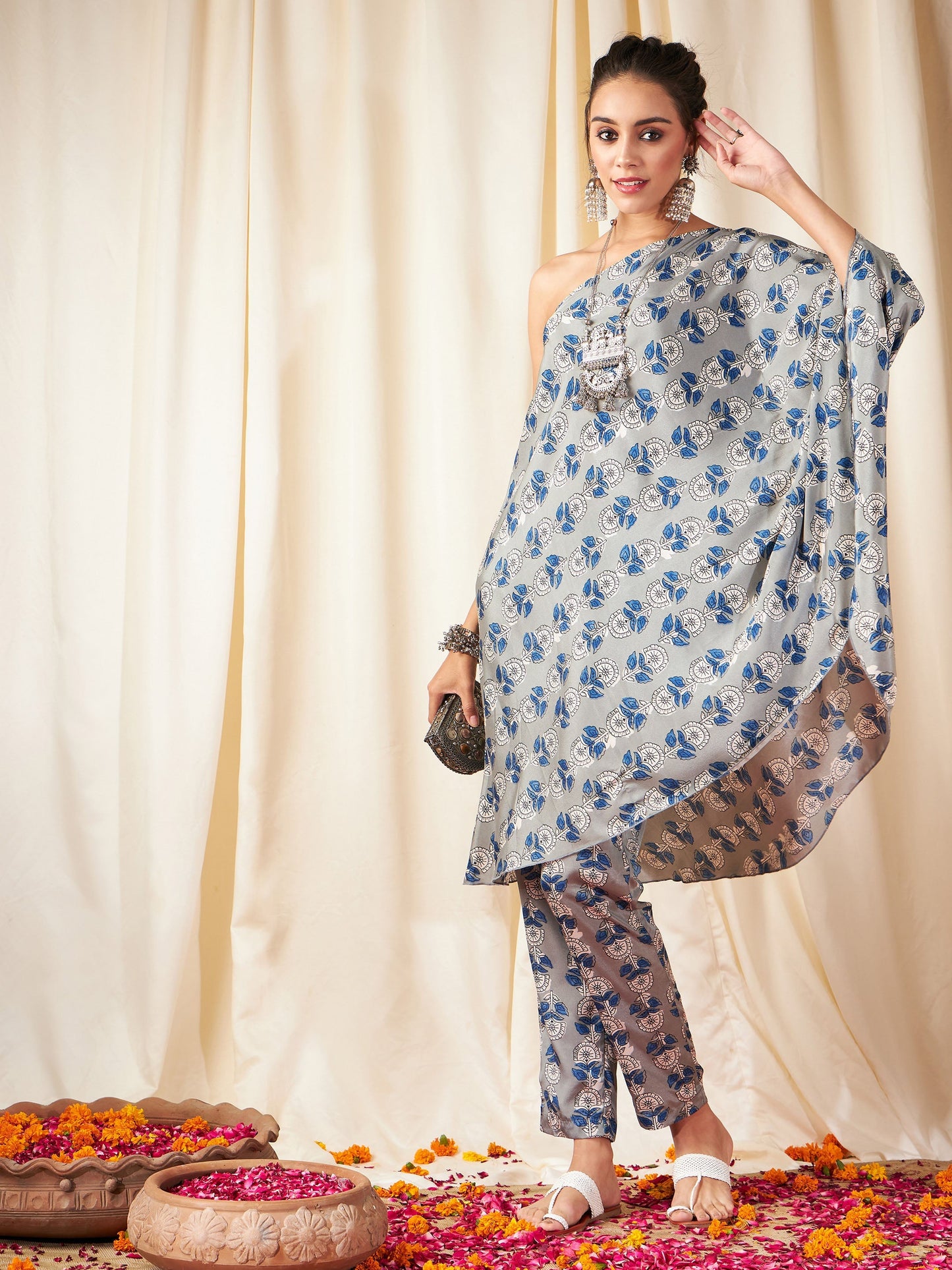 Grey Floral One Shoulder Kaftan Top
