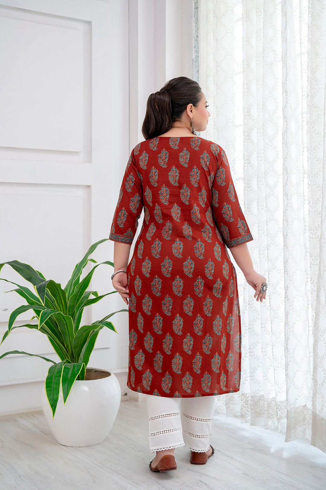 Plus Size Maroon Printed Straight Kurta