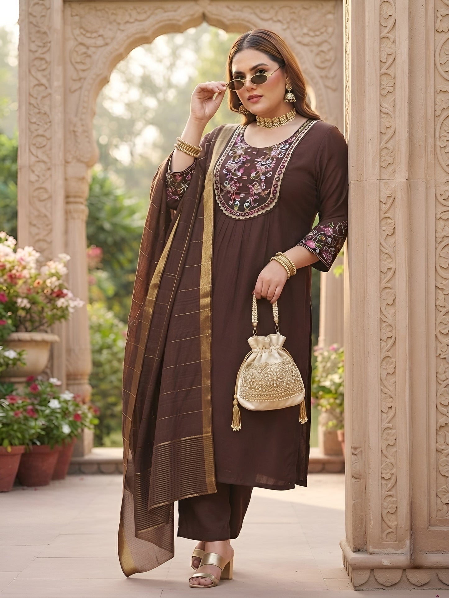 Plus Size Brown Embroidered Kurta With Palazo & Dupatta