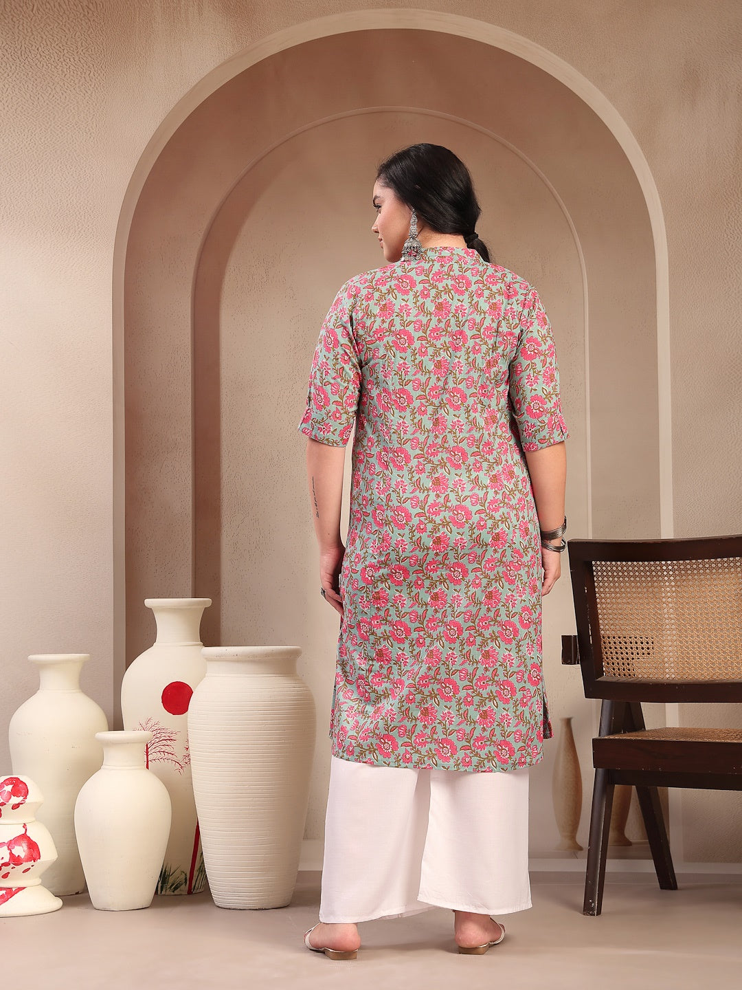 Plus Size Sky Blue Floral Printed Cotton A-Line Kurta
