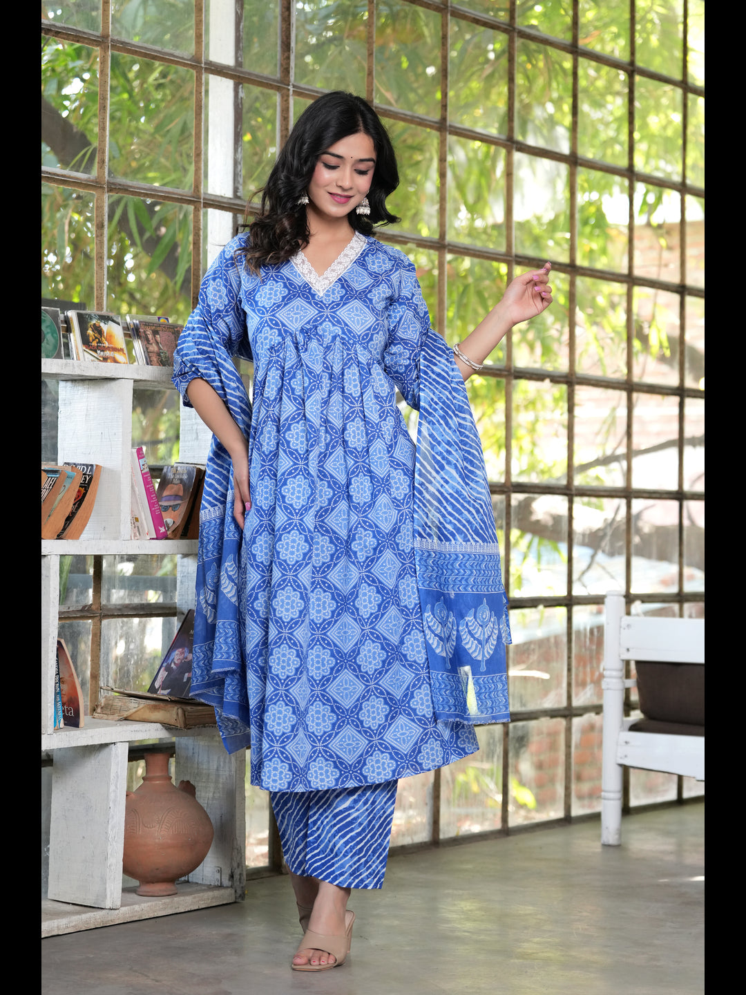 Blue Alia Cut Printed Cotton Kurta Bottom With Dupatta