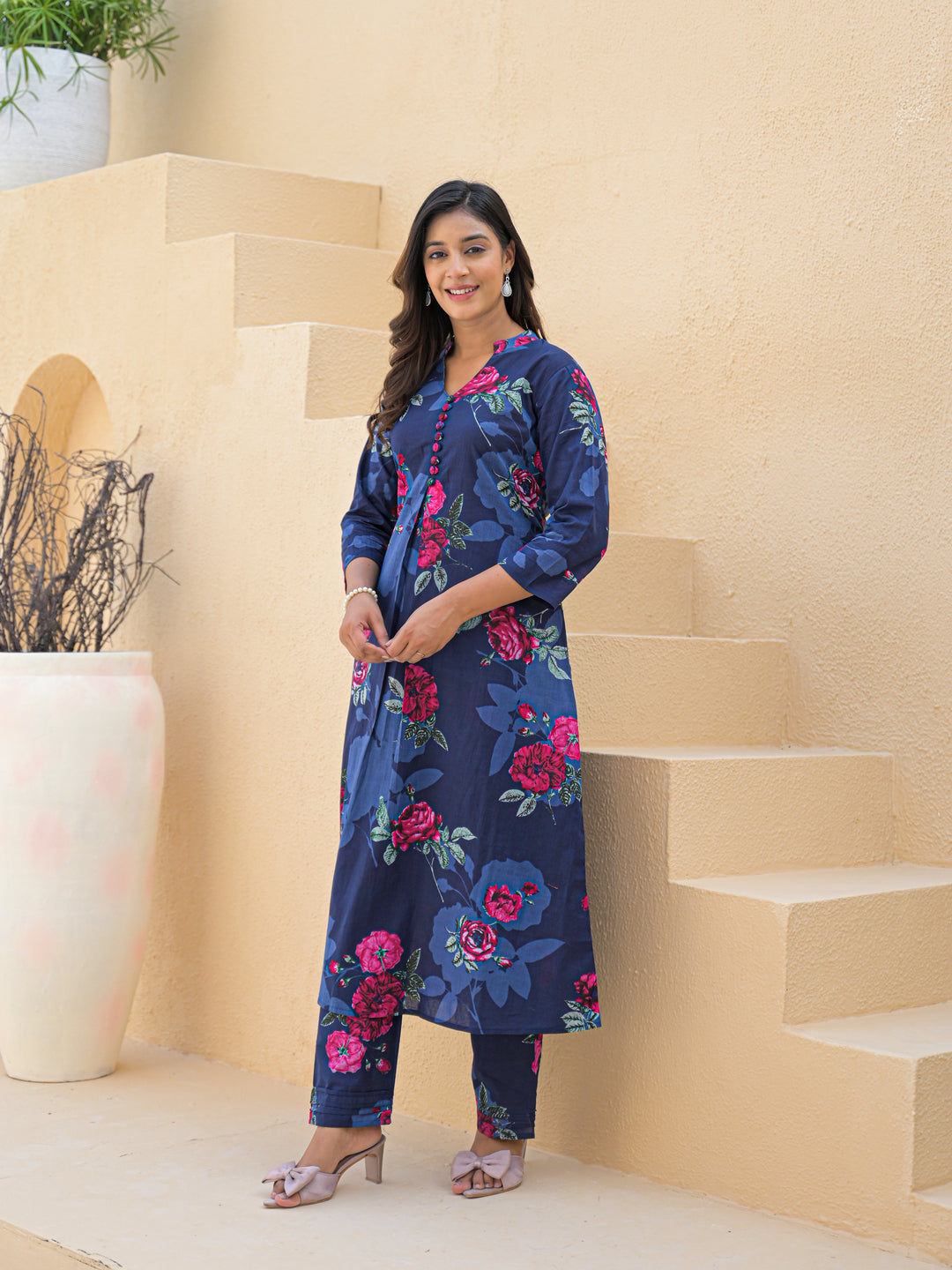 Blue Aline Cotton Printed Kurta With Pant