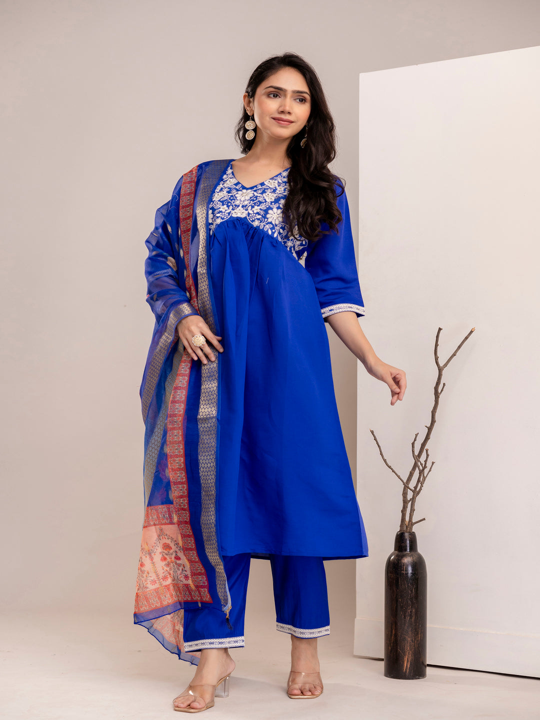 Blue Silk Cotton Printd Embroiderd Kurta With Pant And Dupatta