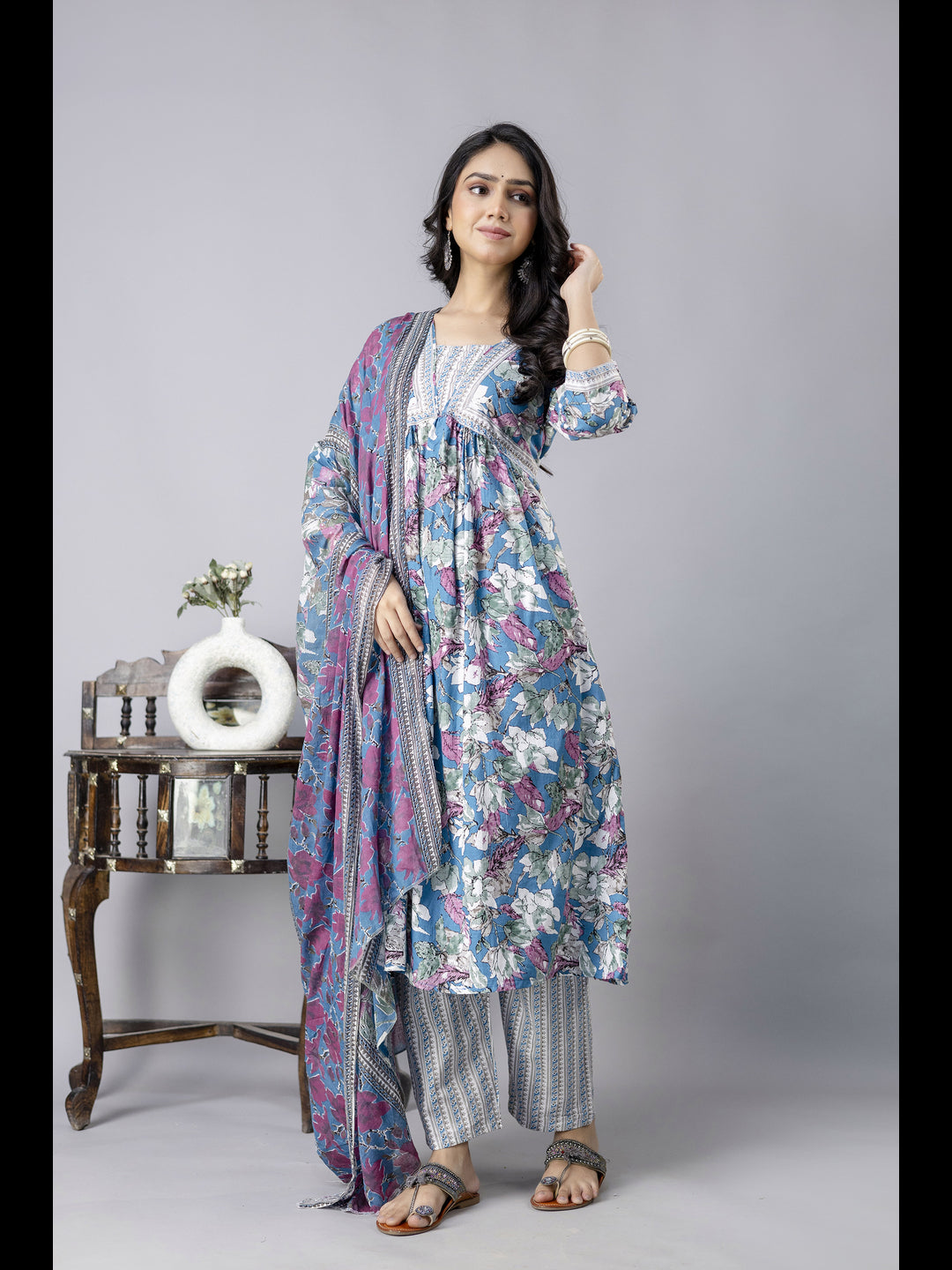 Blue Alia Cut Cotton Printed Kurta With Pant And Dupatta