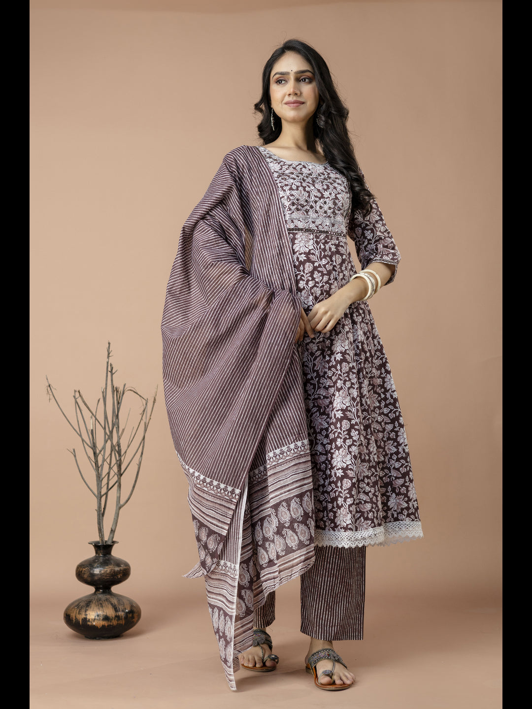 Brown Printed Cotton Anarkali Kurta With Pant And Dupatta