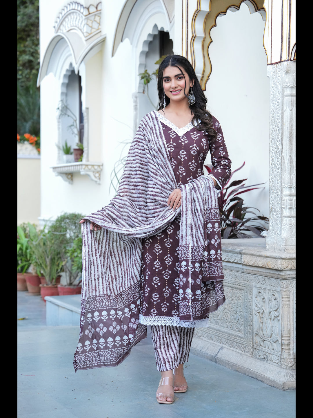 Brown Printed Straight Pure Cotton Kurta With Pant And Dupatta