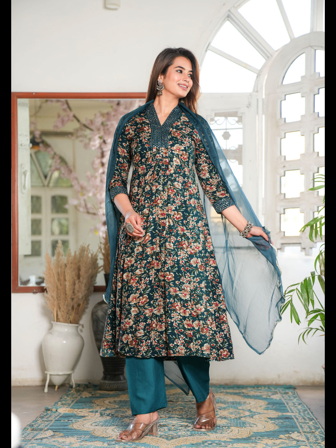 Teal A-Line Rayon Printed Kurta Bottom With Dupatta