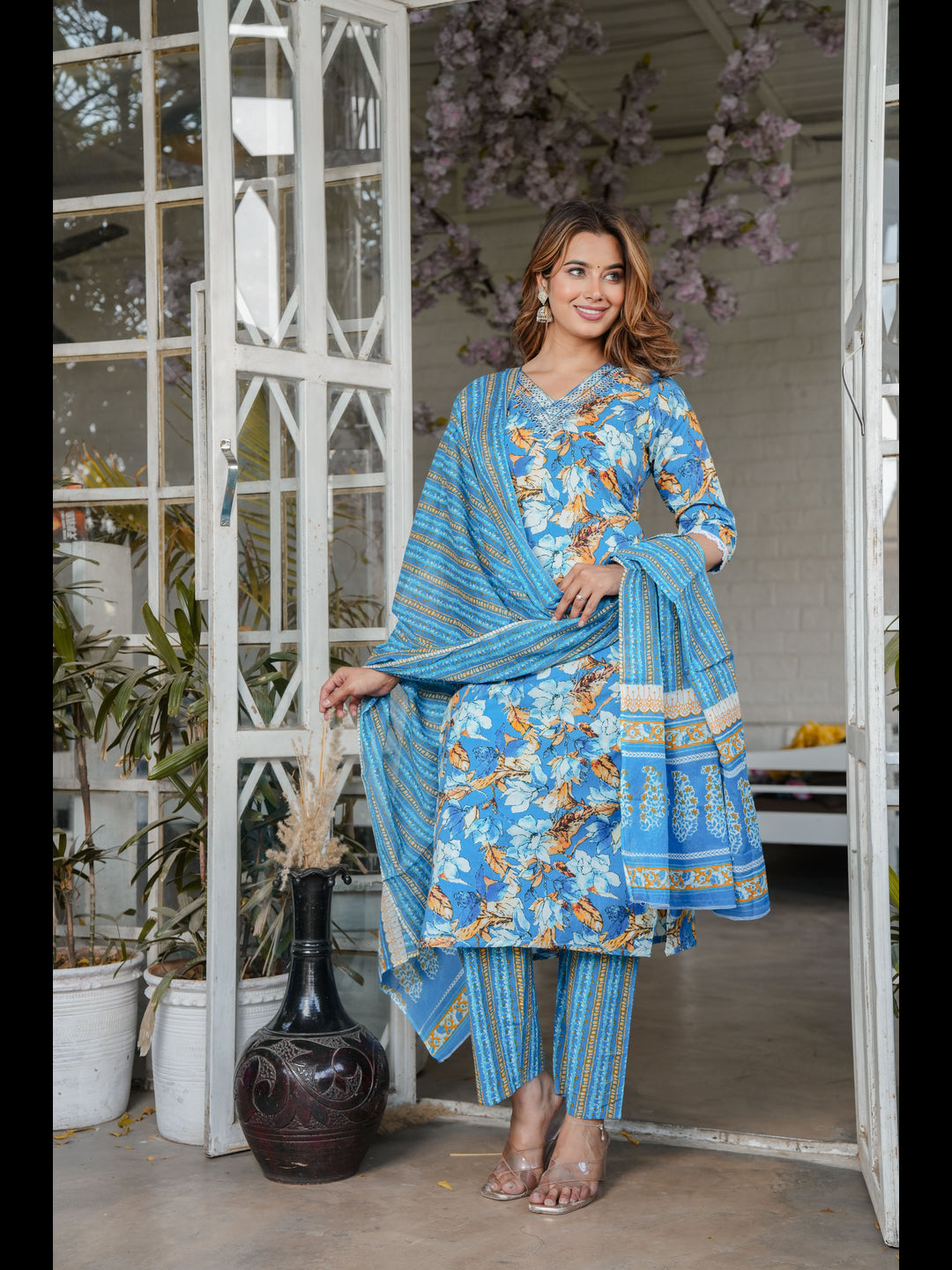 Blue Straight Cotton Printed Kurta With Pant And Dupatta