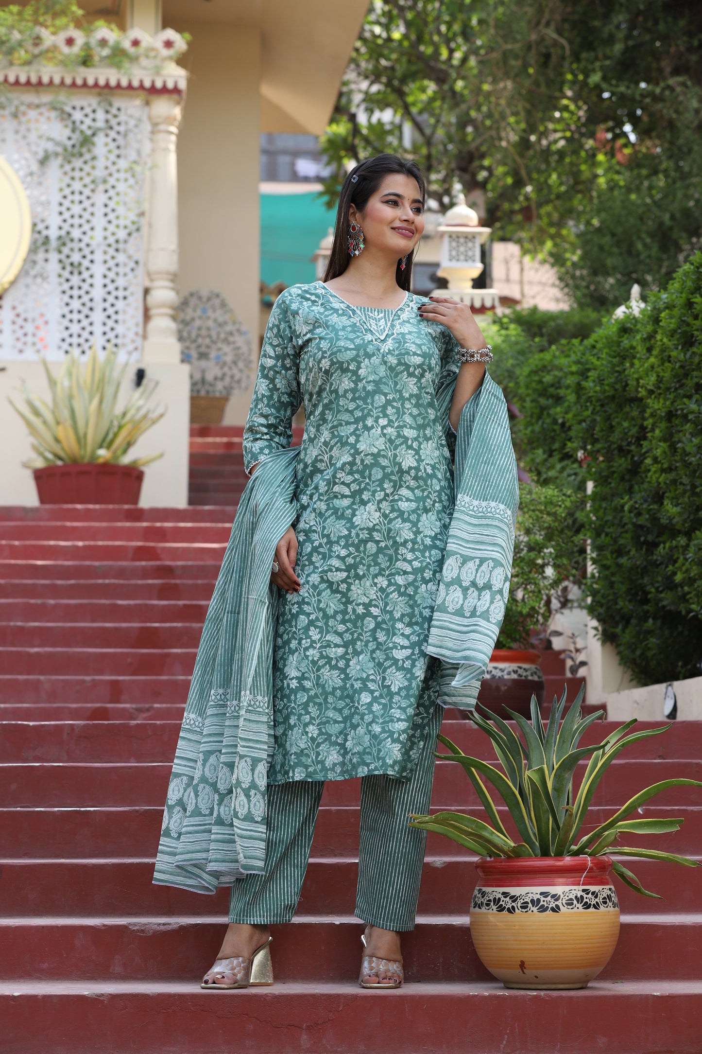 Green Anarkali Cotton Printed Embroidered Kurta With Pant Dupatta