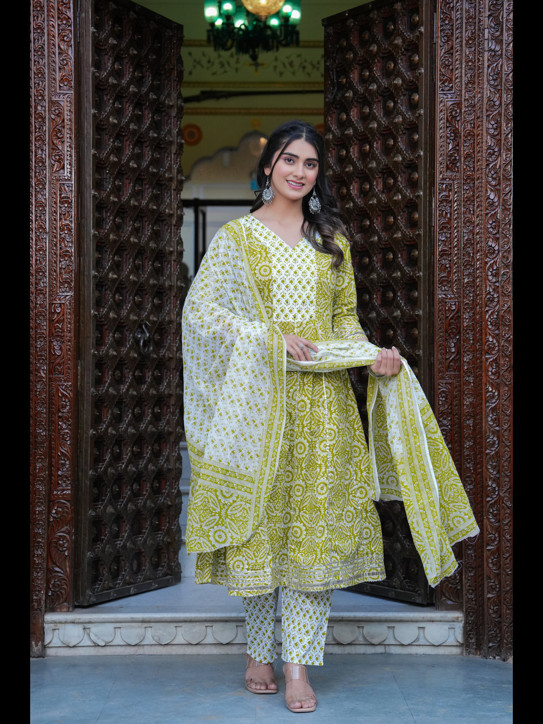 Green Printed Anarkali Pure Cotton Kurta With Pant And Dupatta