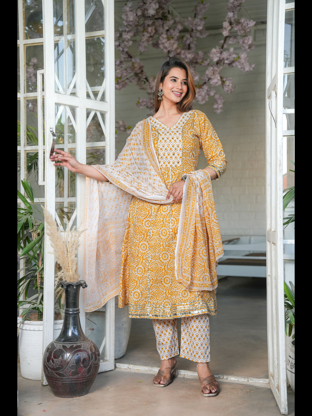 Mustard Printed Anarkali Cotton Kurta With Pant And Dupatta