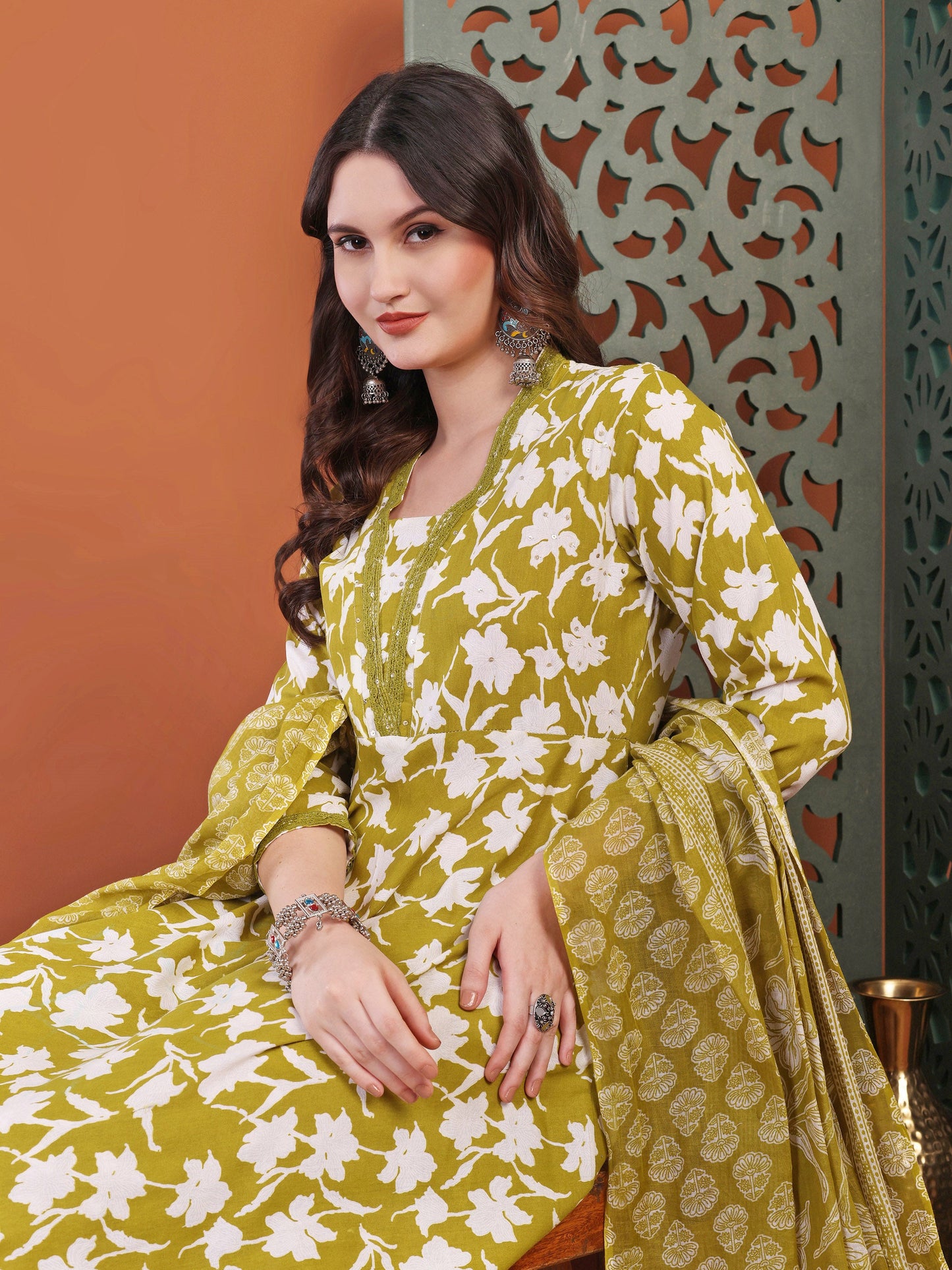 Brown Anarkali Cotton Printed Selfdesign Kurta With Pant And Dupatta