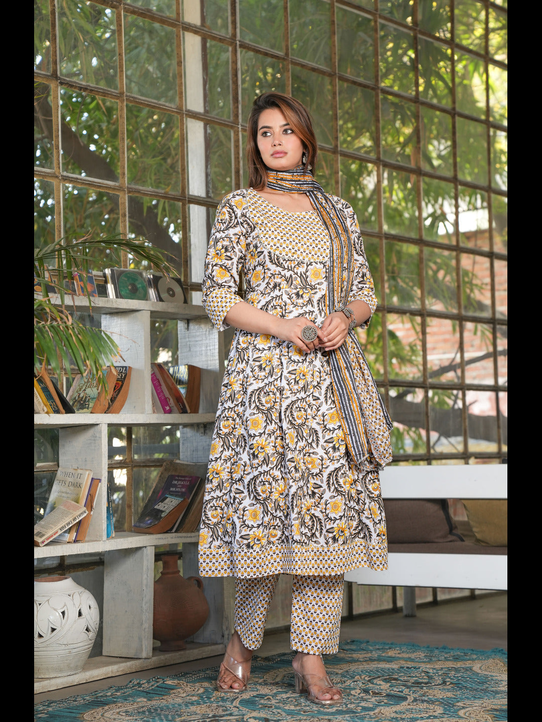 Yellow Printed Anarkali Cotton Kurta Bottom With Dupatta