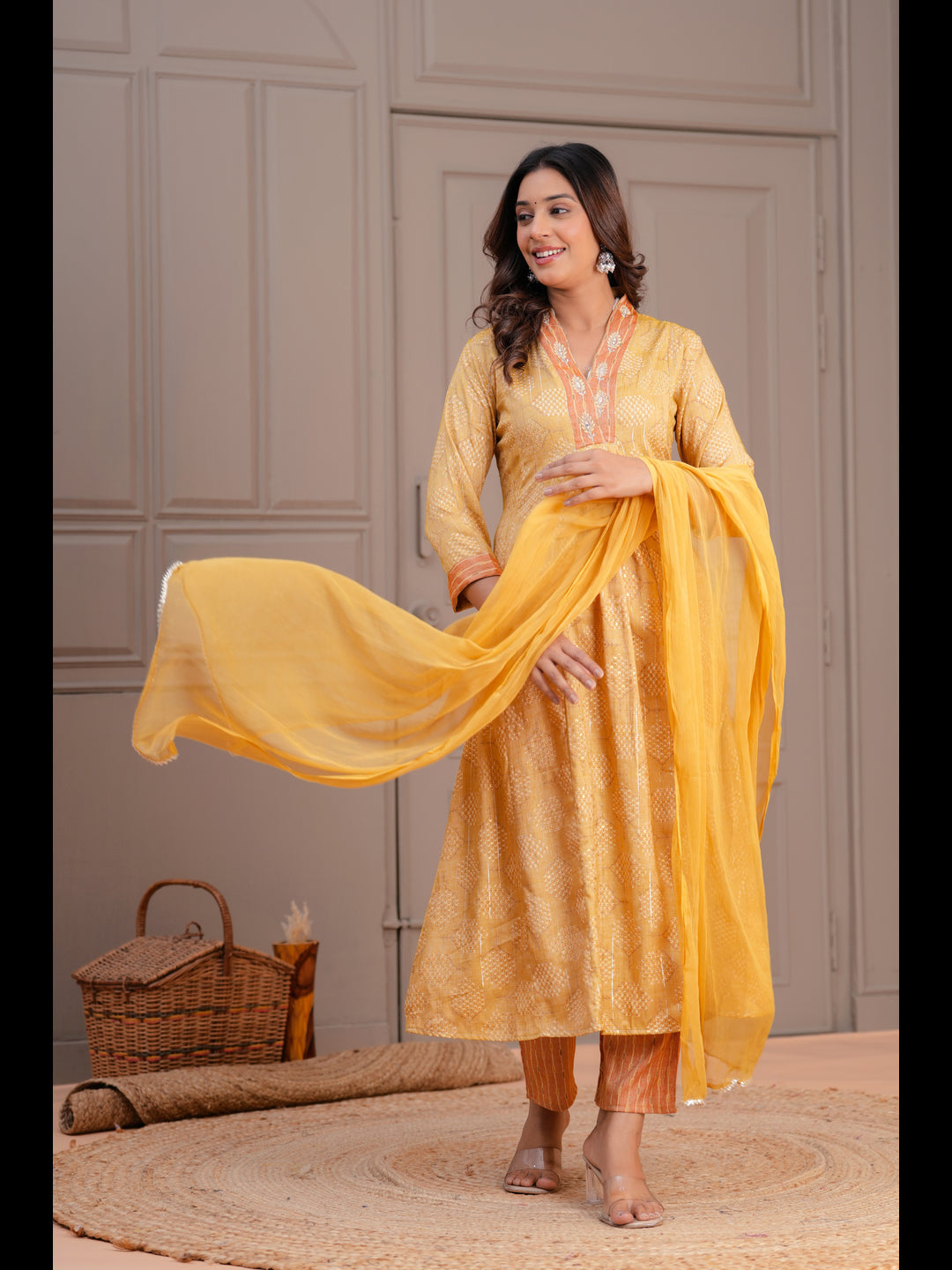 Mustard Printed A-Line Rayon Kurta With Pant And Dupatta