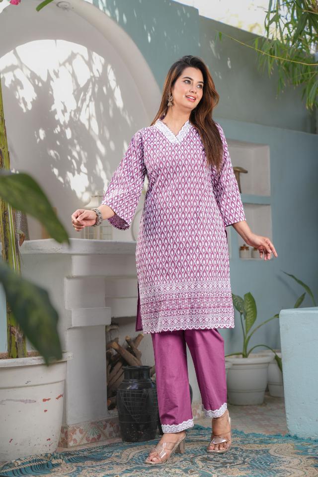 Wine Straight Cotton Embroidered Kurta With Pant