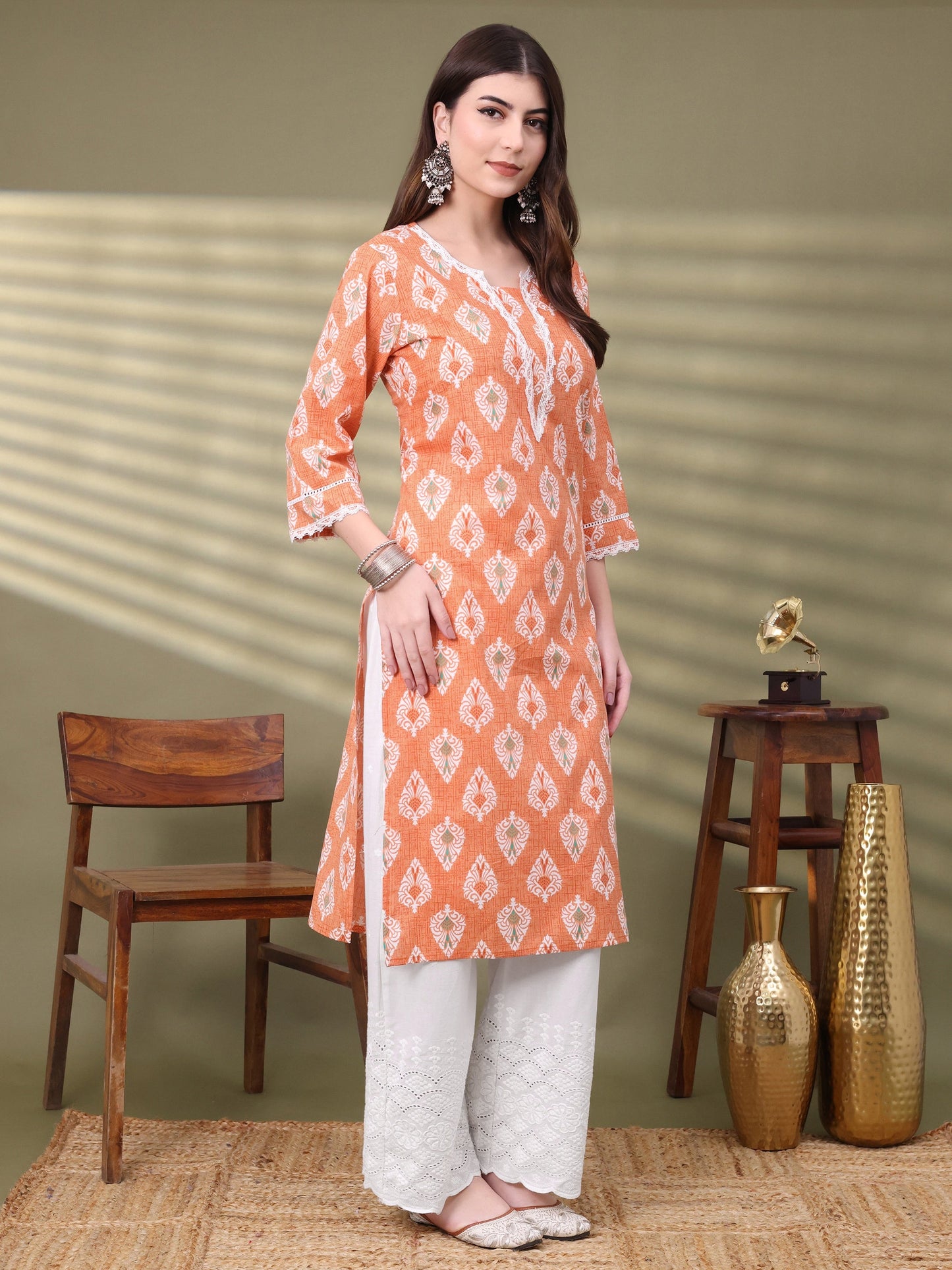 Orange Straight Cotton Printed Kurta For Women