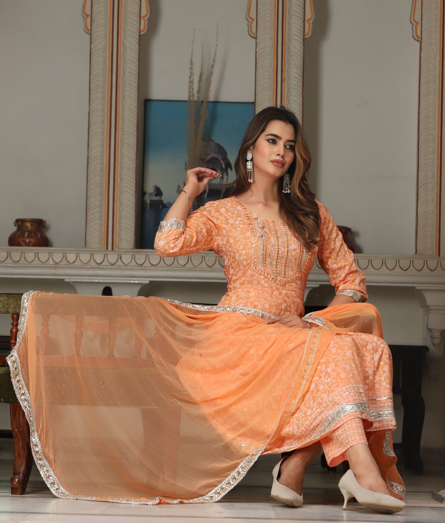 Orange Anarkali Rayon Printed Embroiderd Kurta With Pant And Dupatta