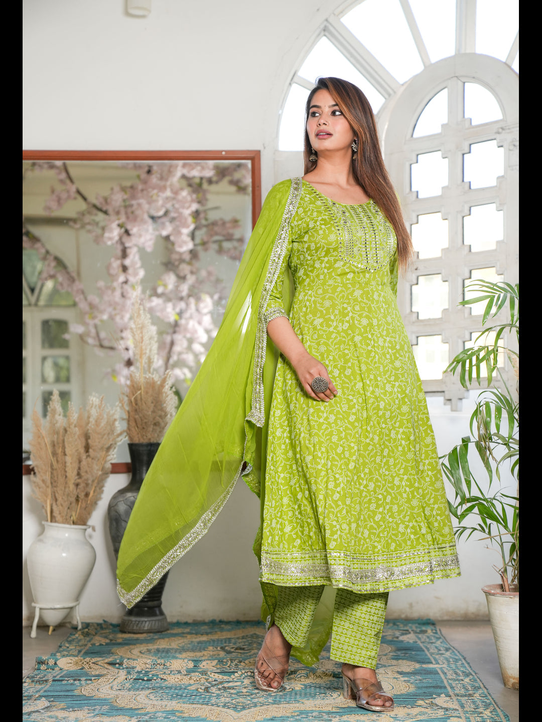 Green Anarkali Rayon Printed Embroidered Kurta Bottom With Dupatta