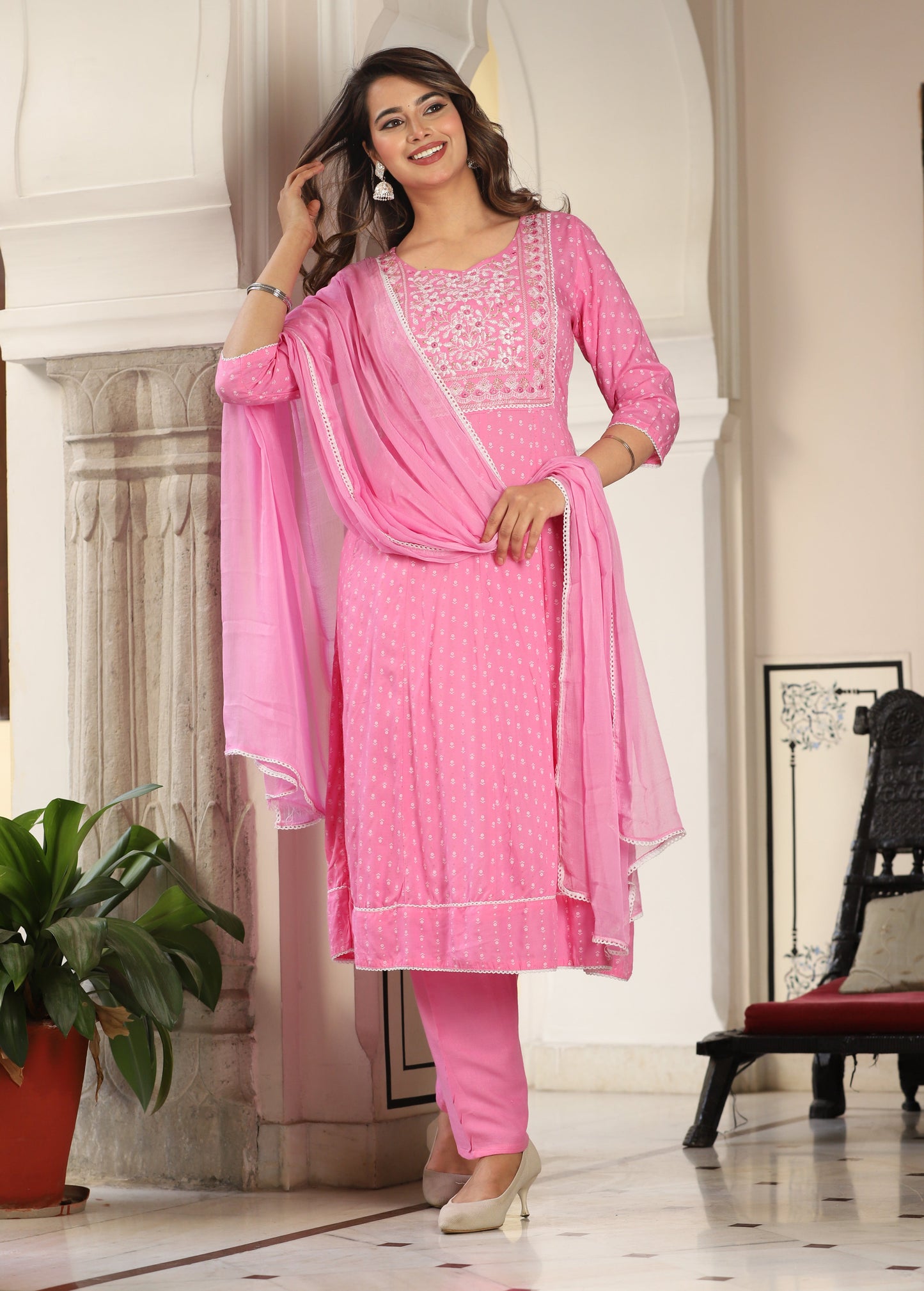 Pink Anarkali Rayon Printed Embroiderd Kurta With Pant And Dupatta